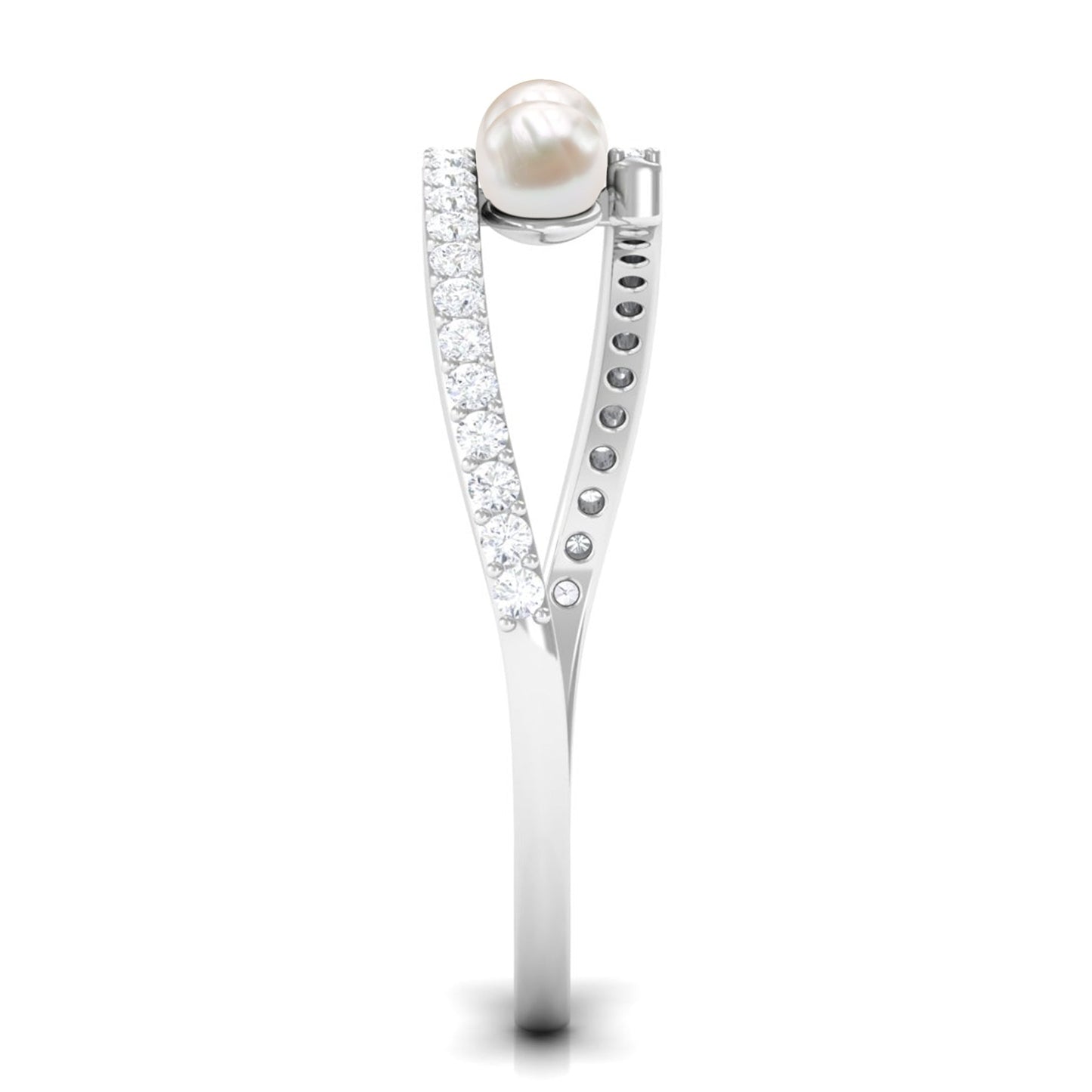 Natural Freshwater Pearl 3 Stone Engagement Ring with Diamond