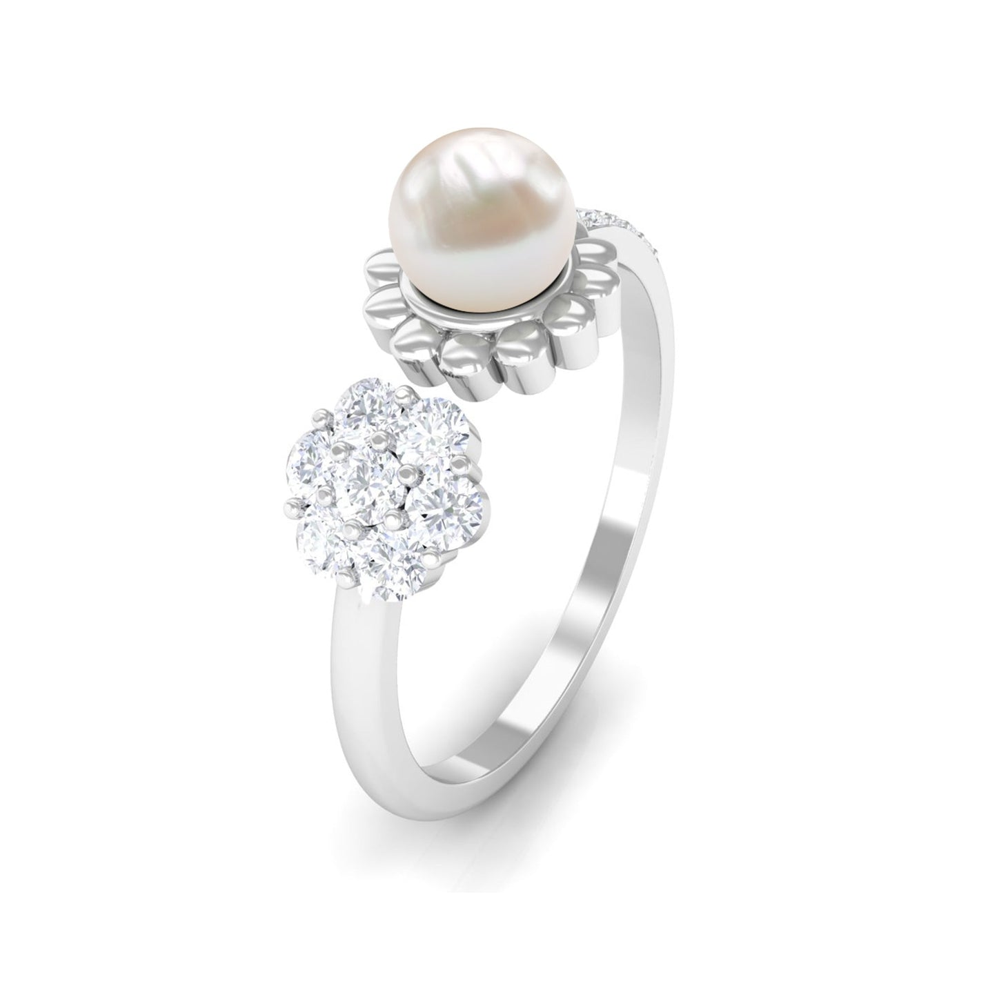 Natural 2 Carat Freshwater Pearl Diamond Flower Cuff Ring
