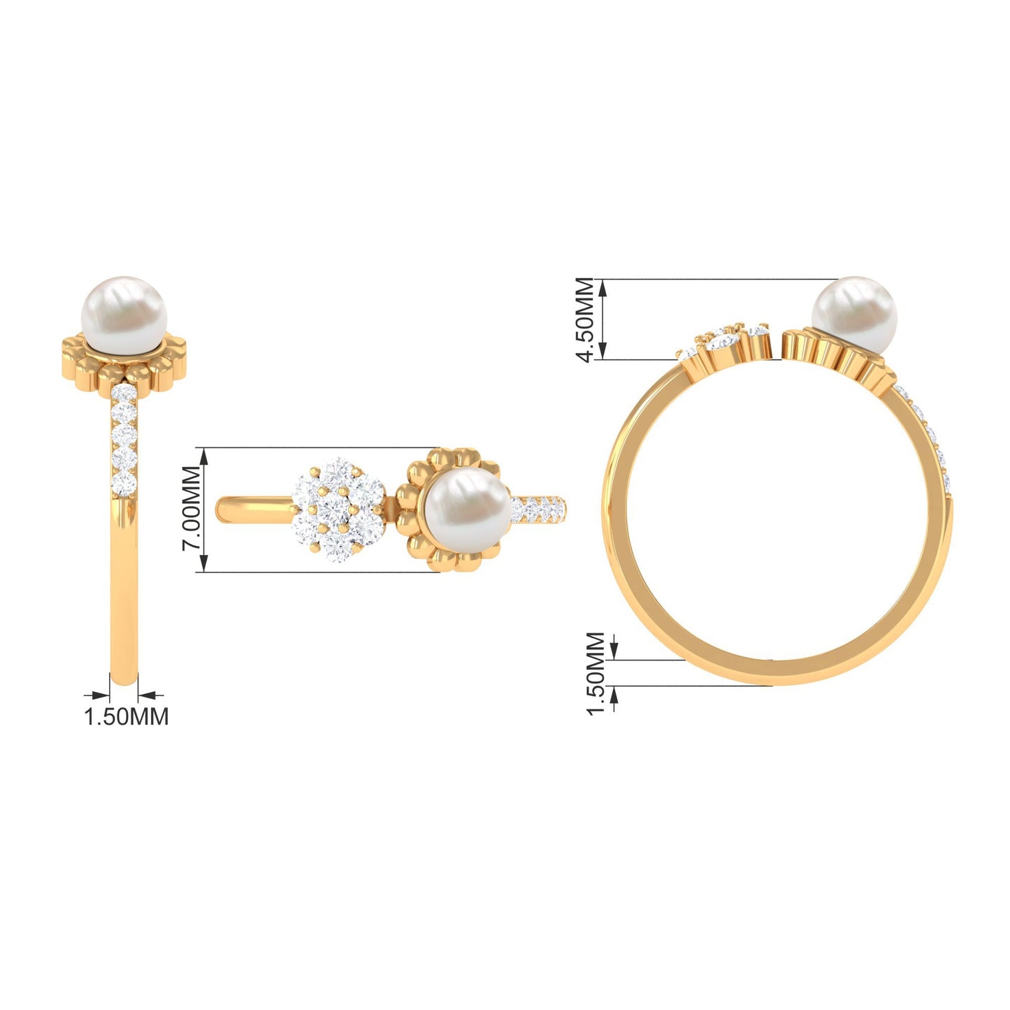 Natural 2 Carat Freshwater Pearl Diamond Flower Cuff Ring
