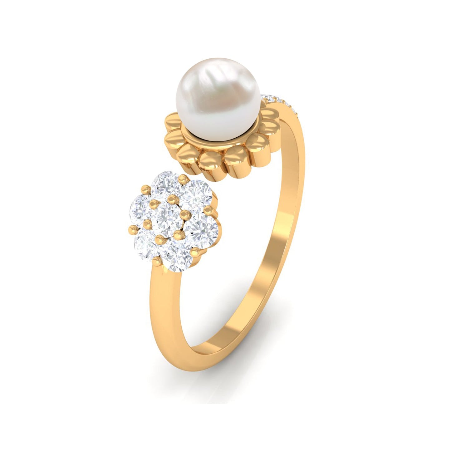 Natural 2 Carat Freshwater Pearl Diamond Flower Cuff Ring