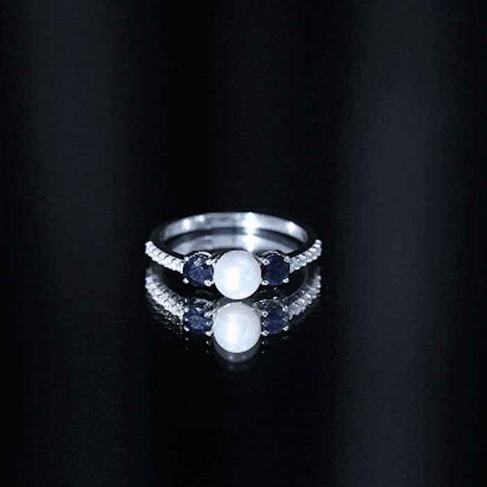 Natural Freshwater Pearl and Blue Sapphire 3 Stone Engagement Ring with Diamond