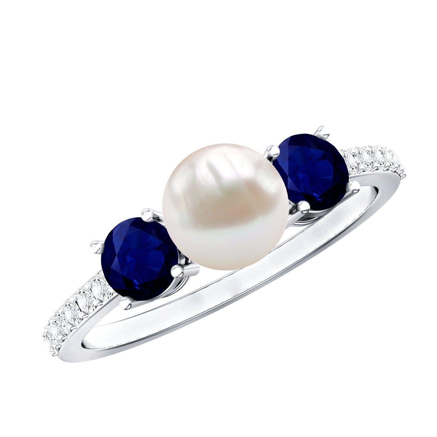 Natural Freshwater Pearl and Blue Sapphire 3 Stone Engagement Ring with Diamond