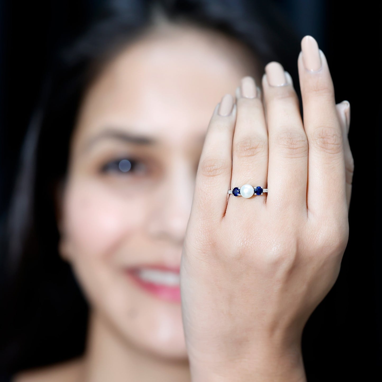 Natural Freshwater Pearl and Blue Sapphire 3 Stone Engagement Ring with Diamond
