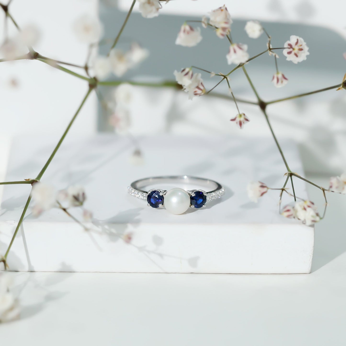 Natural Freshwater Pearl and Blue Sapphire 3 Stone Engagement Ring with Diamond