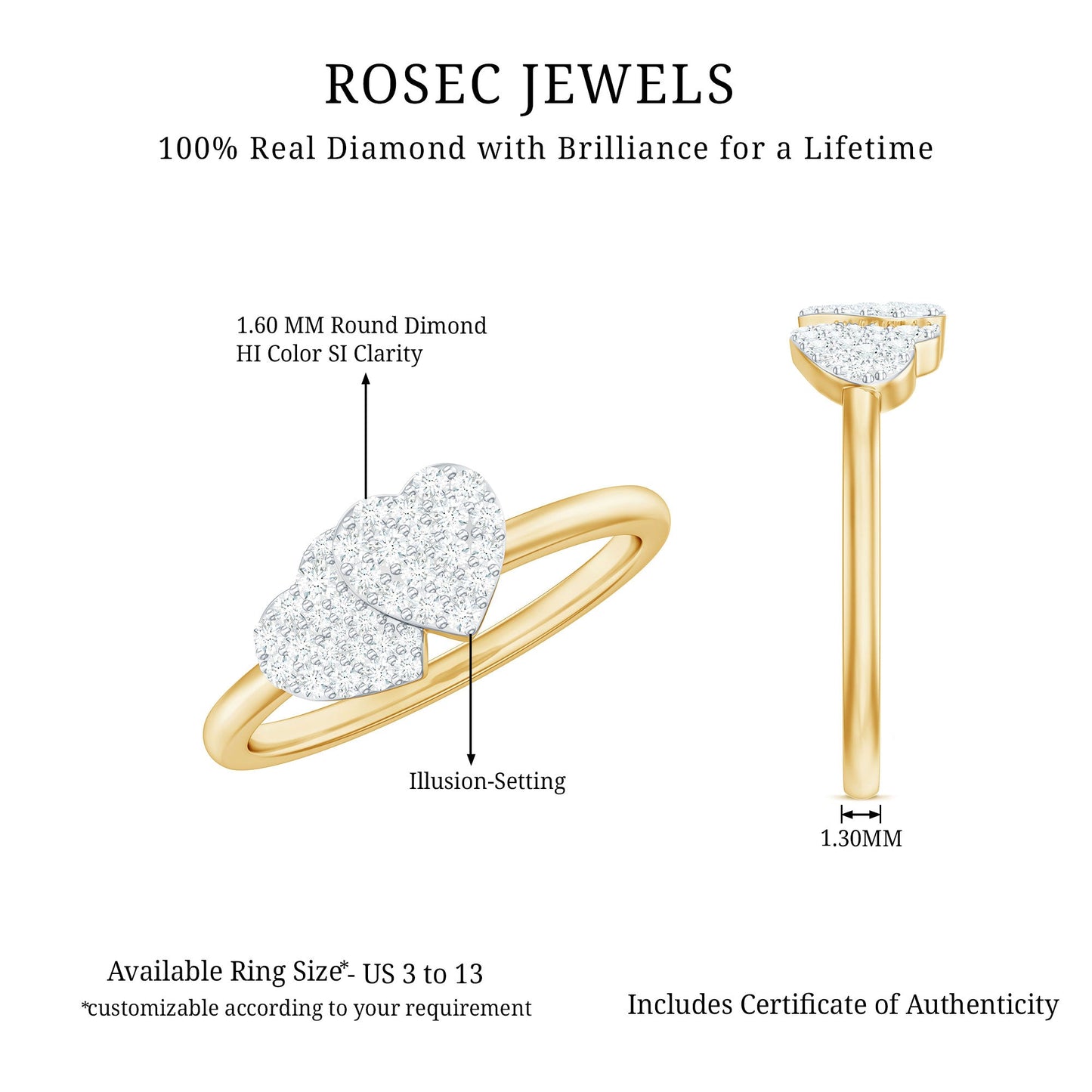 Natural Diamond Double Heart Ring for Promise