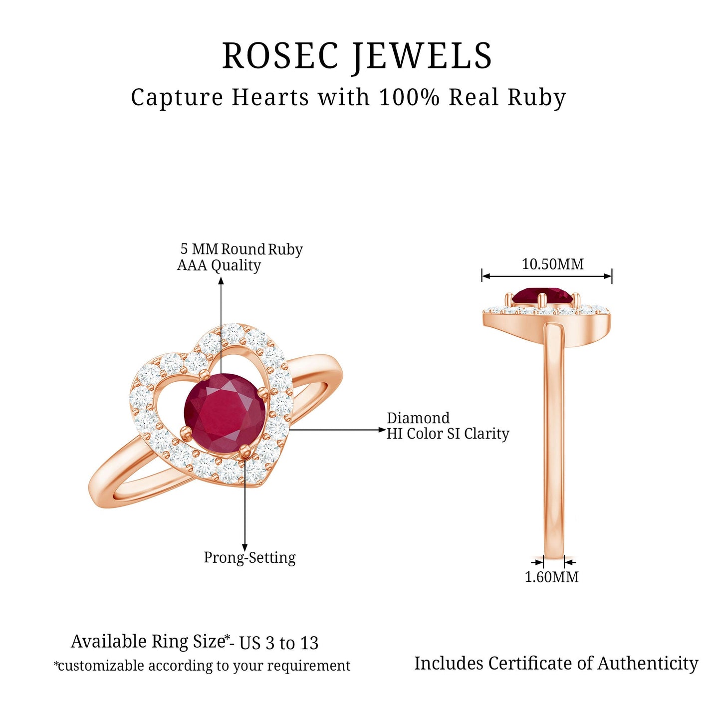 Natural 0.6 Carat Ruby Diamond Heart Engagement Ring for Women