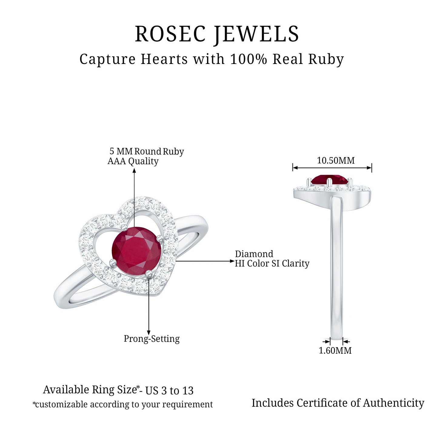 Natural 0.6 Carat Ruby Diamond Heart Engagement Ring for Women