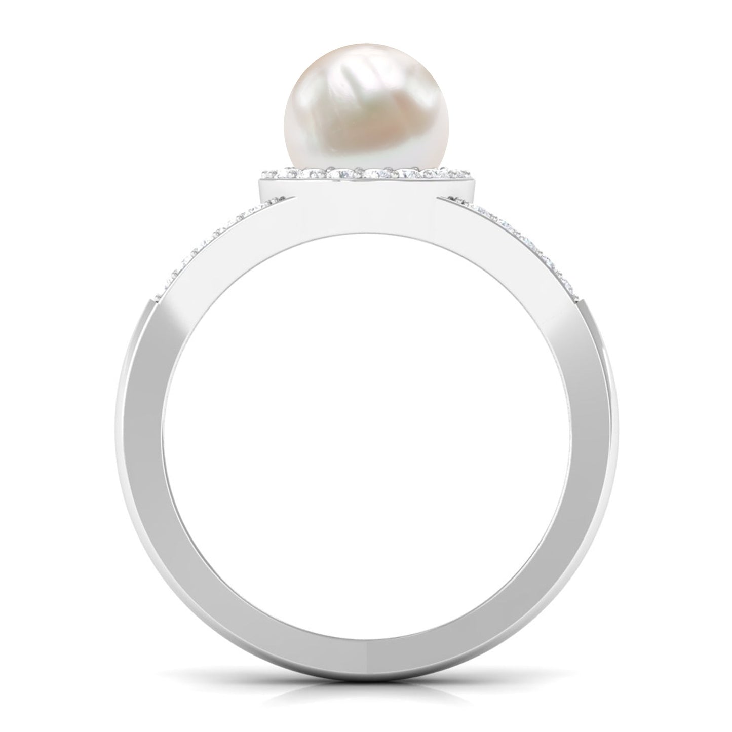 Split Shank Freshwater Pearl Engagement Ring with Diamond Halo