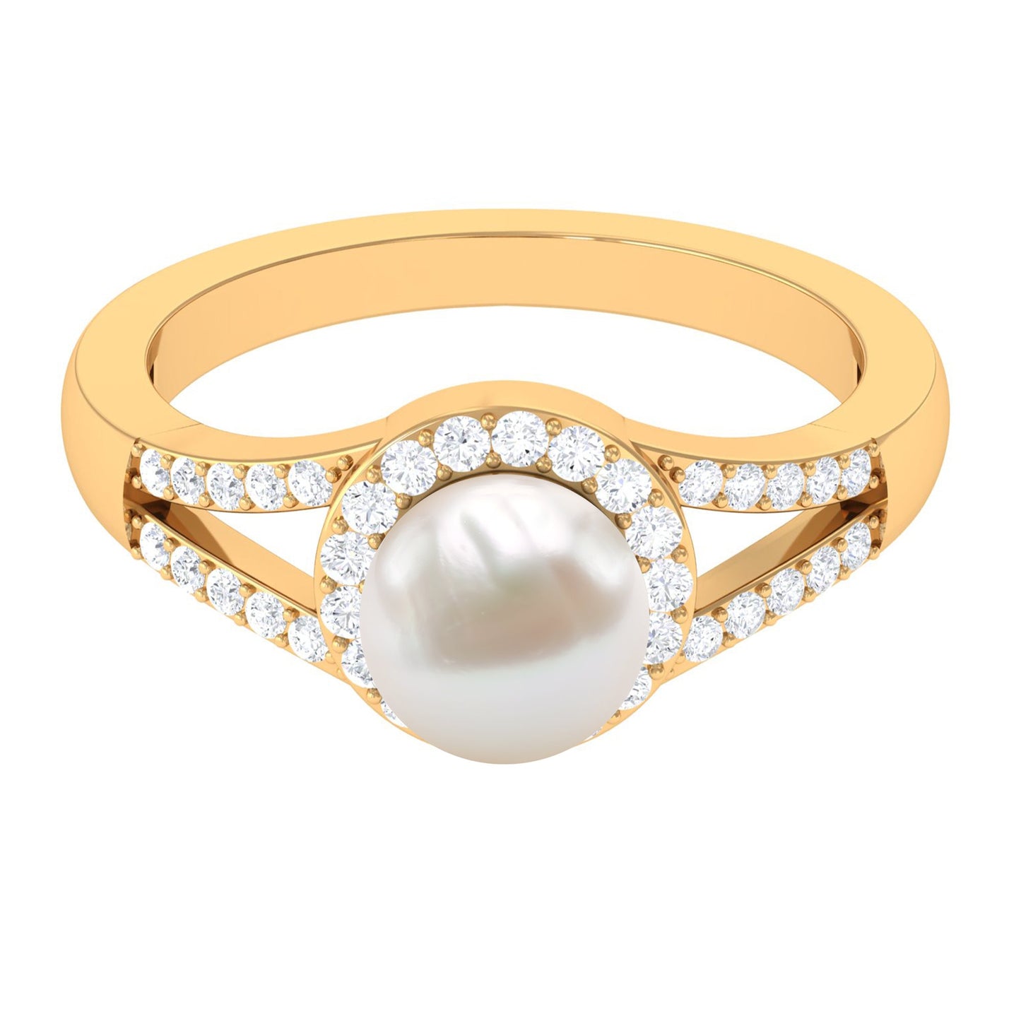 Split Shank Freshwater Pearl Engagement Ring with Diamond Halo