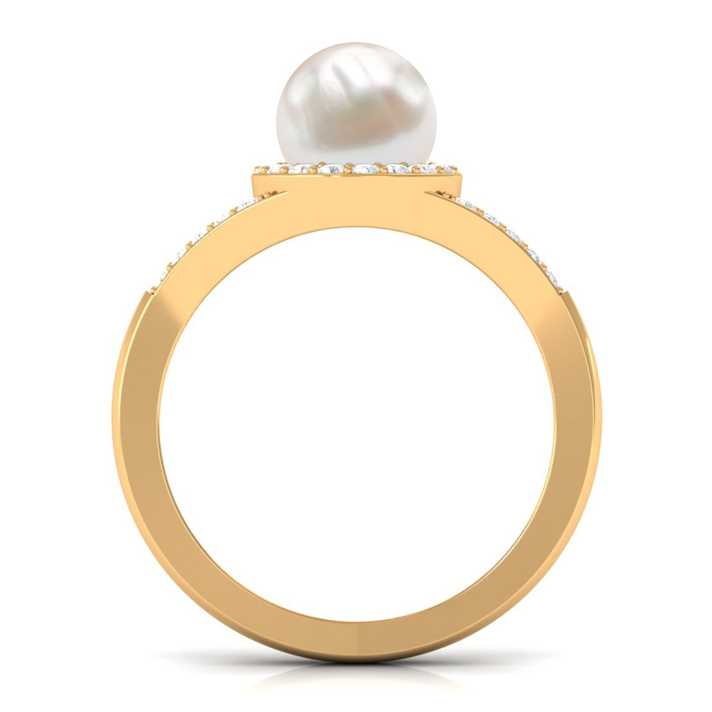 Split Shank Freshwater Pearl Engagement Ring with Diamond Halo