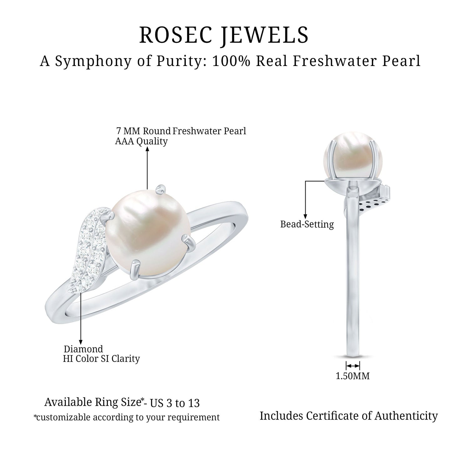 Cultured 3 Carat Freshwater Pearl Solitaire Engagement Ring with Diamond