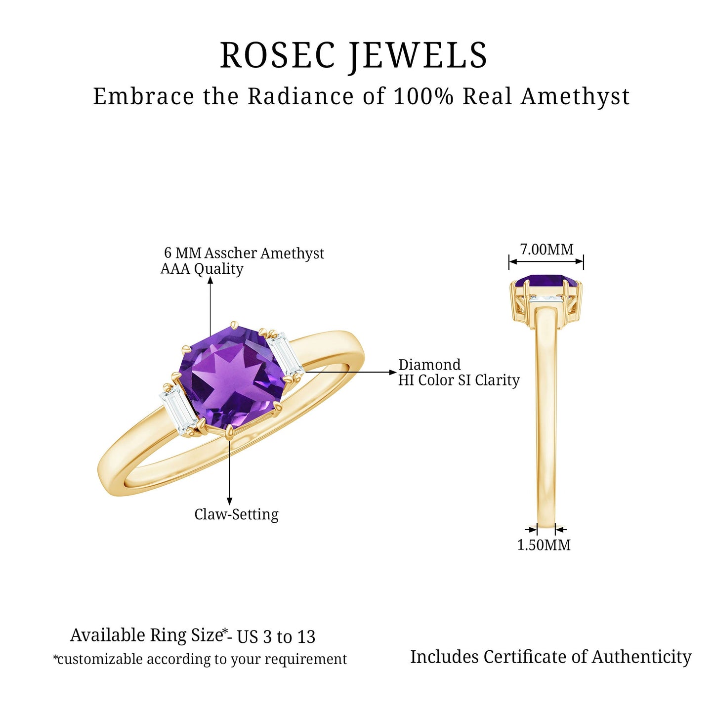 Natural 1.3 Carat Amethyst Asscher Cut Engagement Ring with Diamond