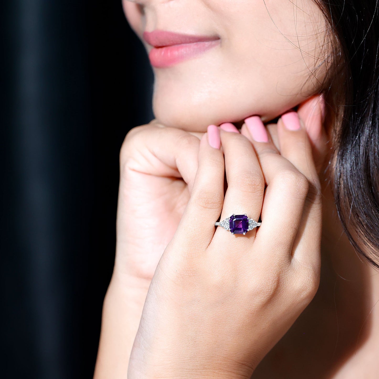 3 Carat Amethyst Asscher Cut Engagement Ring with Diamond Trio