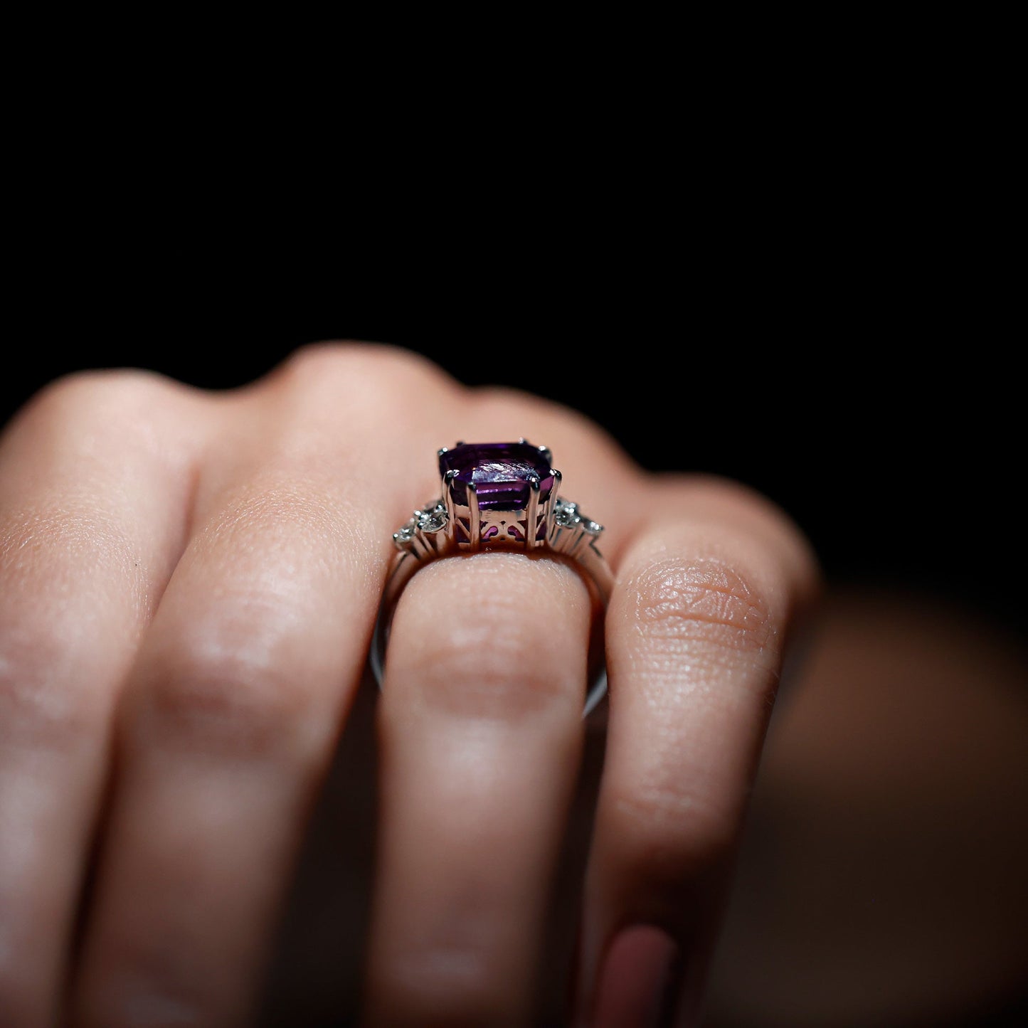3 Carat Amethyst Asscher Cut Engagement Ring with Diamond Trio