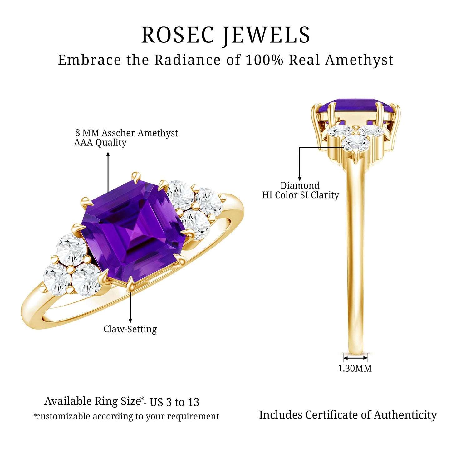 3 Carat Amethyst Asscher Cut Engagement Ring with Diamond Trio