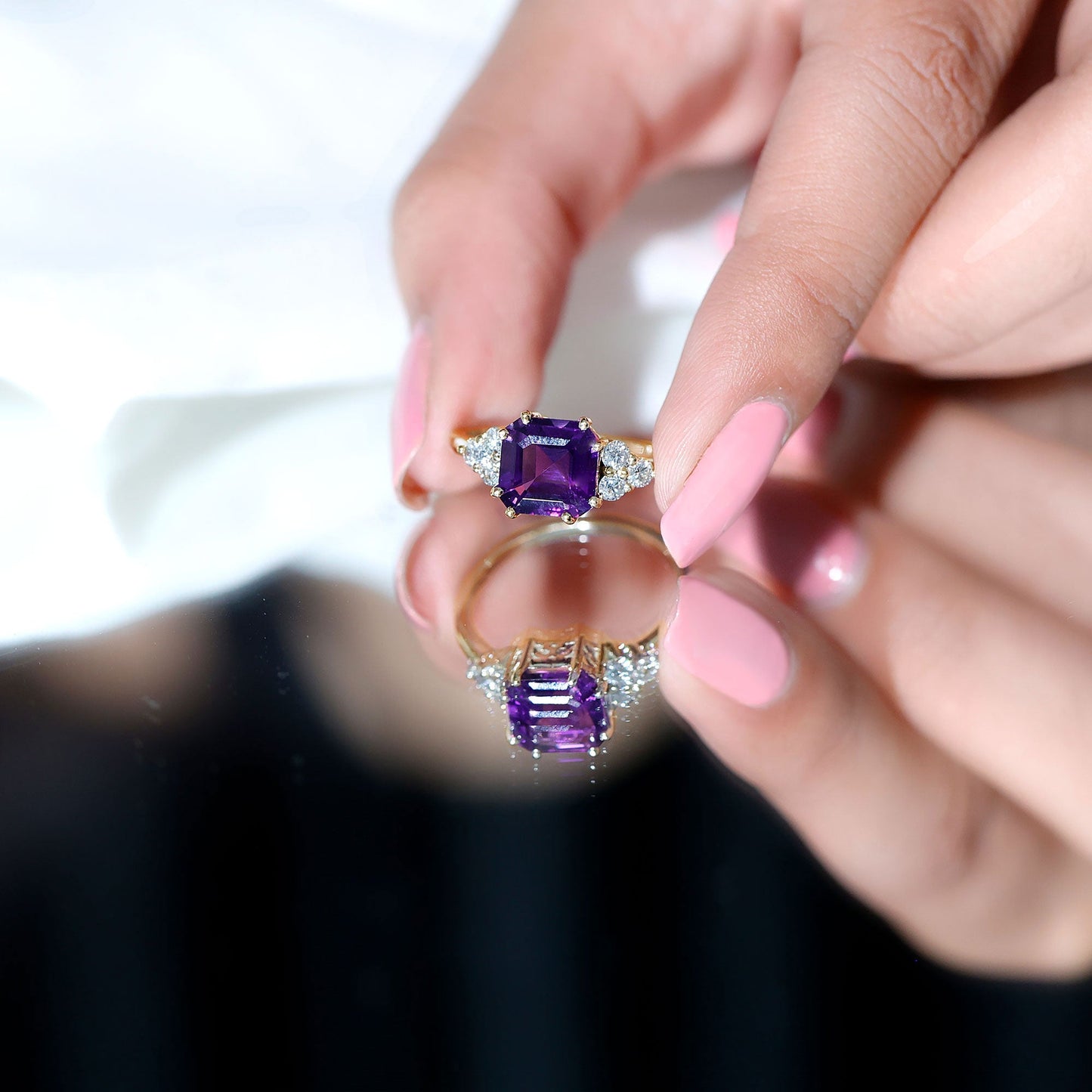 3 Carat Amethyst Asscher Cut Engagement Ring with Diamond Trio