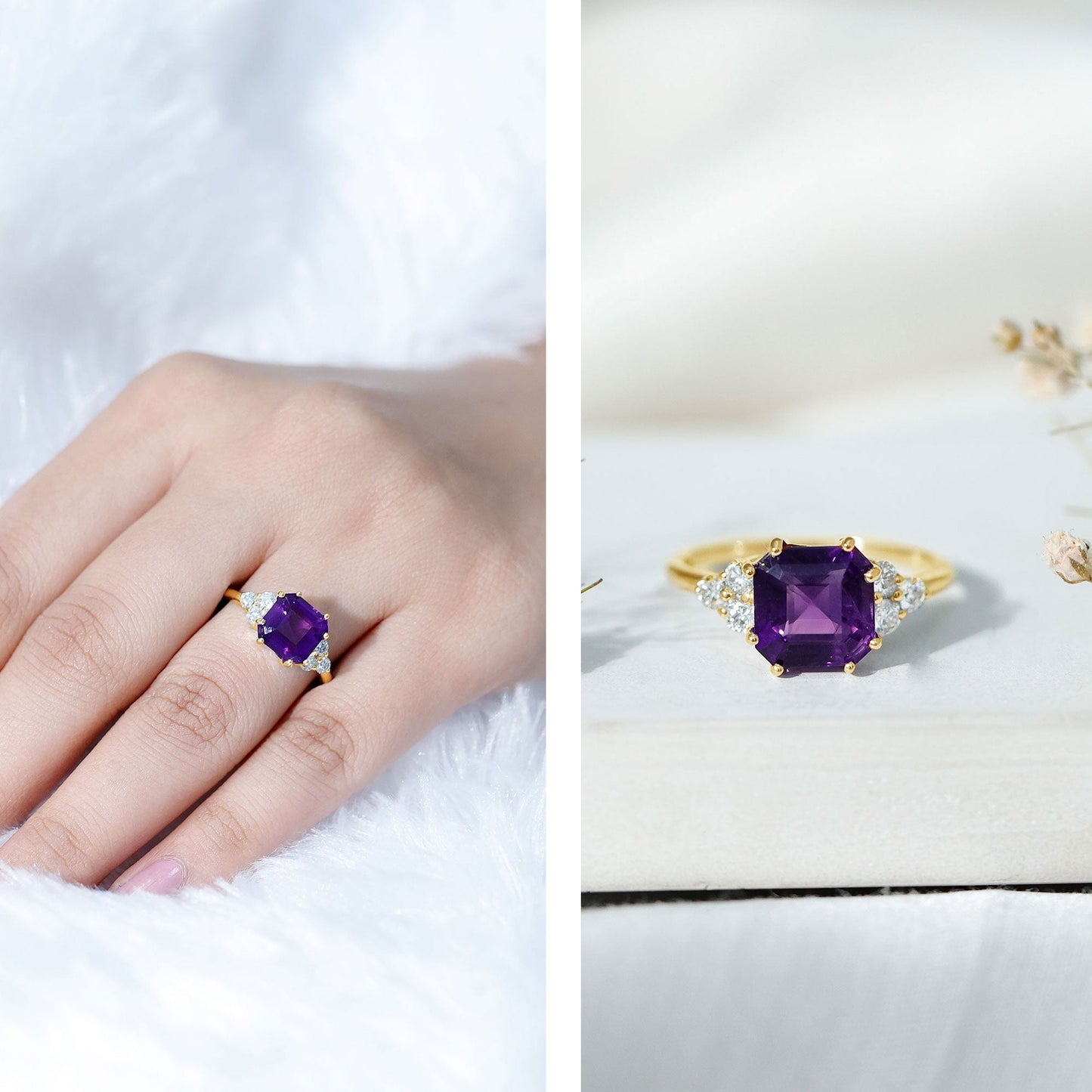 3 Carat Amethyst Asscher Cut Engagement Ring with Diamond Trio
