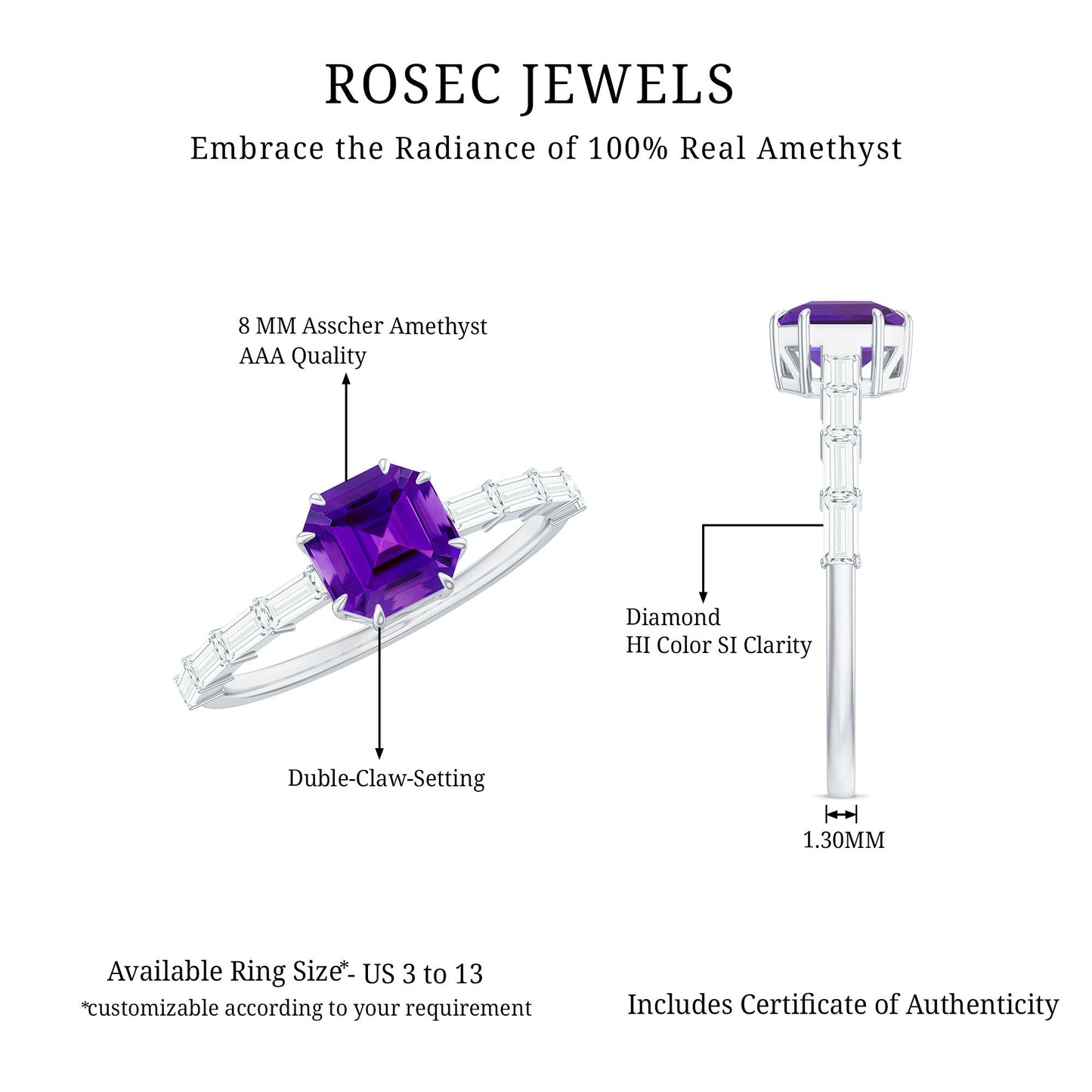 3 Carat Amethyst Asscher Cut Engagement Ring with Diamond
