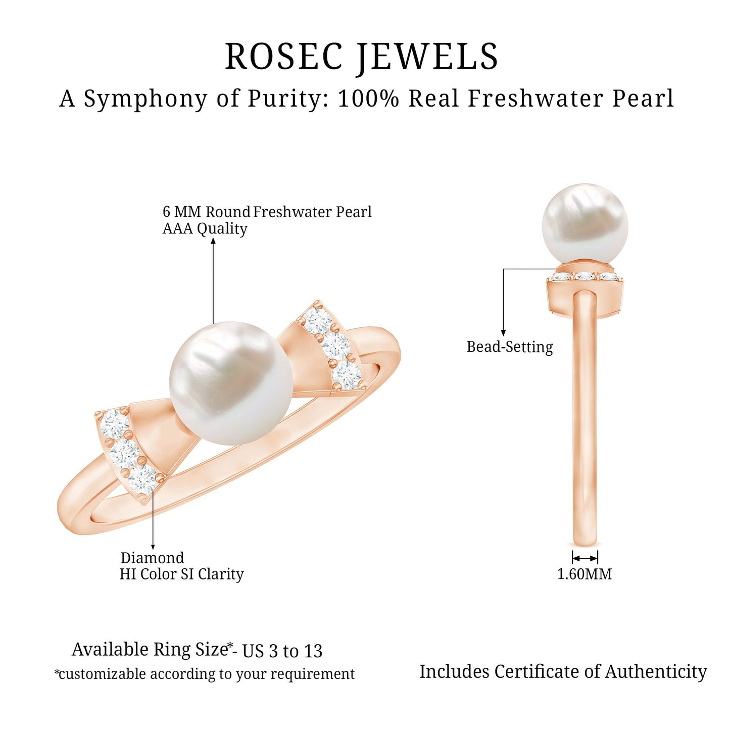 Natural 2 Carat Freshwater Pearl Diamond Engagement Ring with Bow