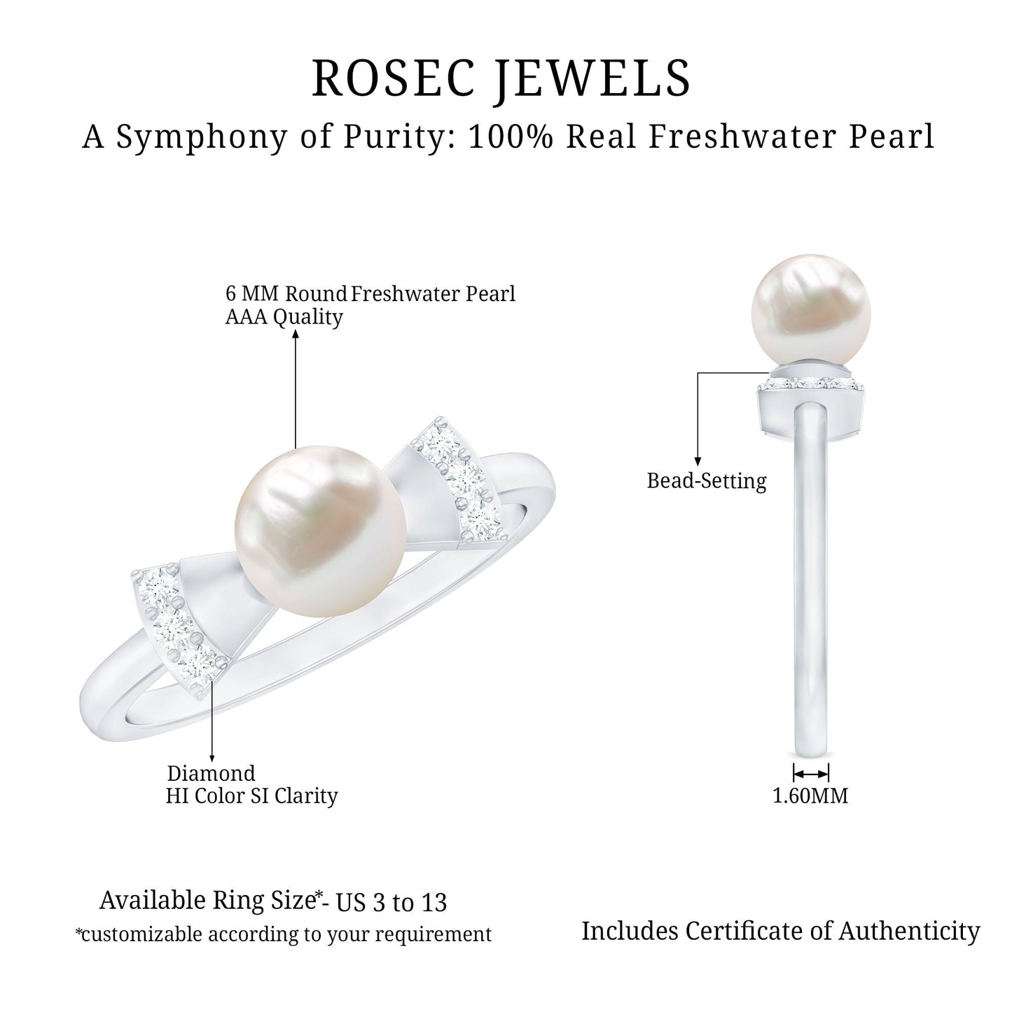 Natural 2 Carat Freshwater Pearl Diamond Engagement Ring with Bow