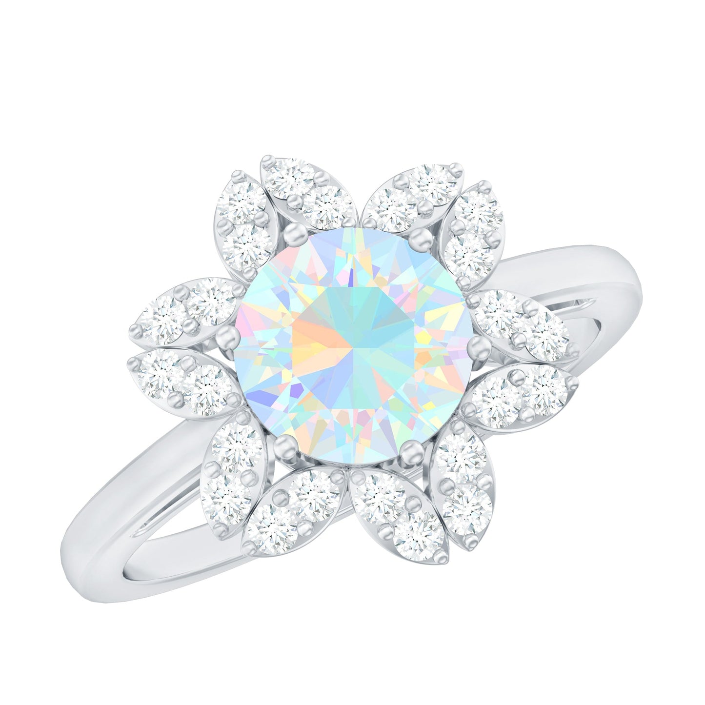 2 Carat Round Shape Ethiopian Opal Floral Engagement Ring with Diamond