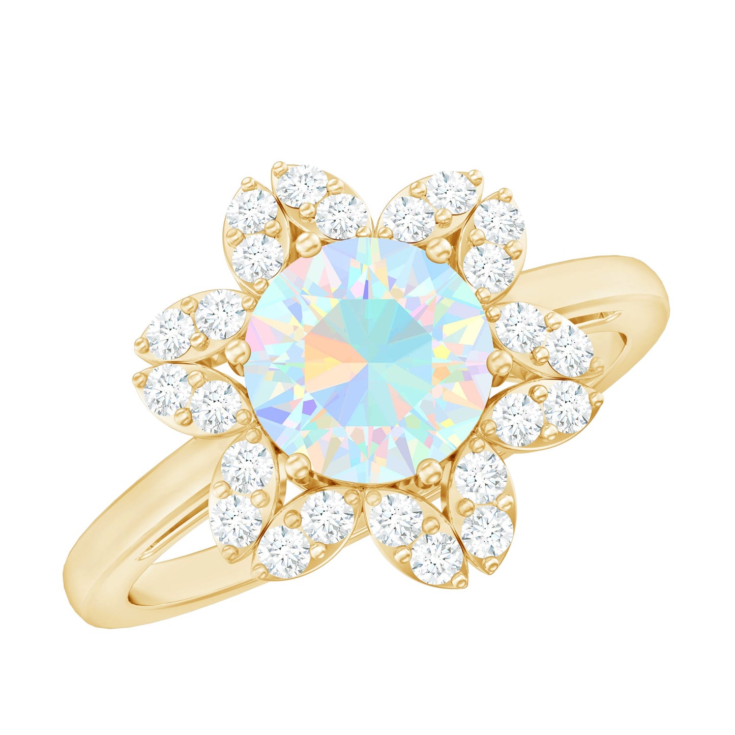 2 Carat Round Shape Ethiopian Opal Floral Engagement Ring with Diamond