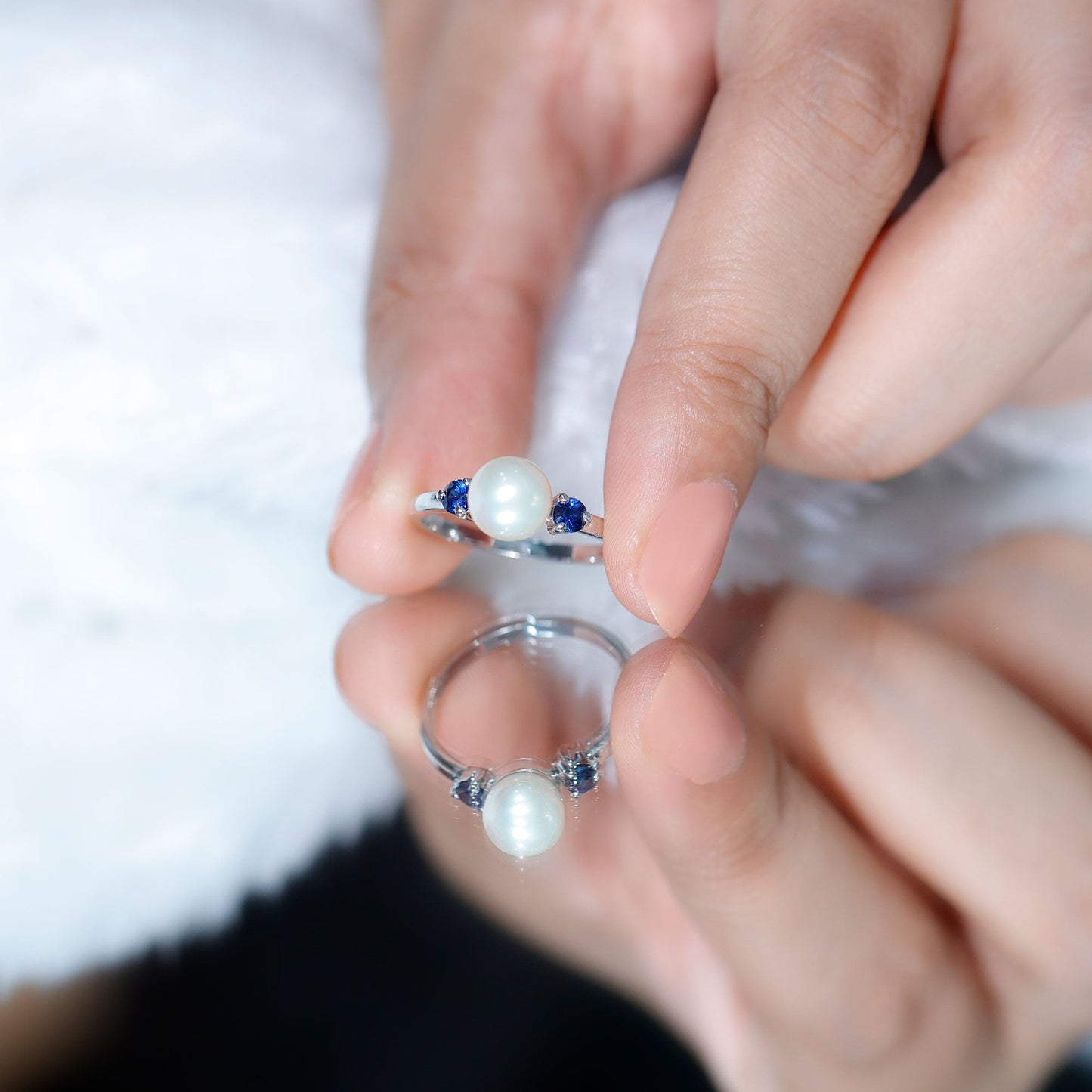 Cultured Freshwater Pearl Engagement Ring with Blue Sapphire