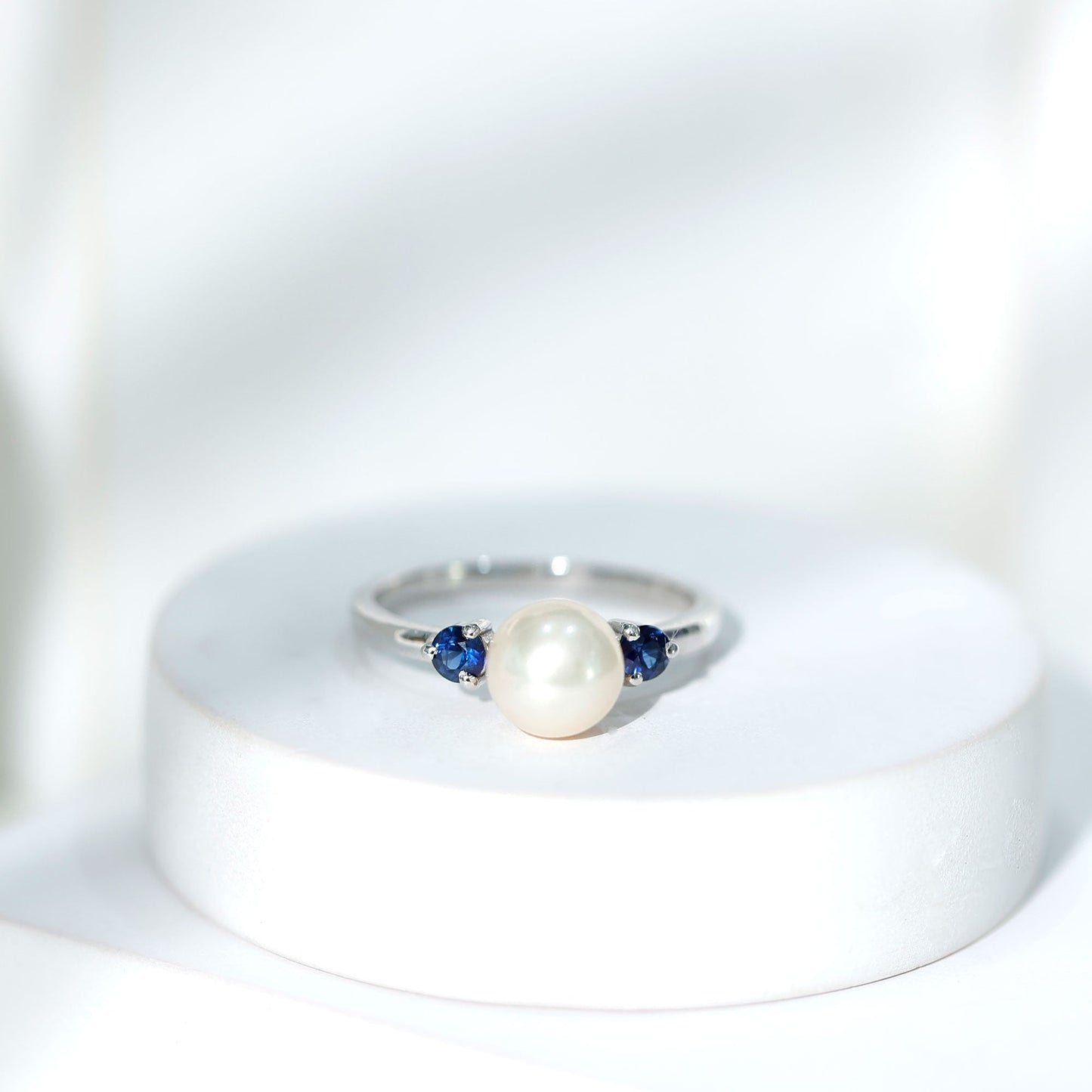 Cultured Freshwater Pearl Engagement Ring with Blue Sapphire