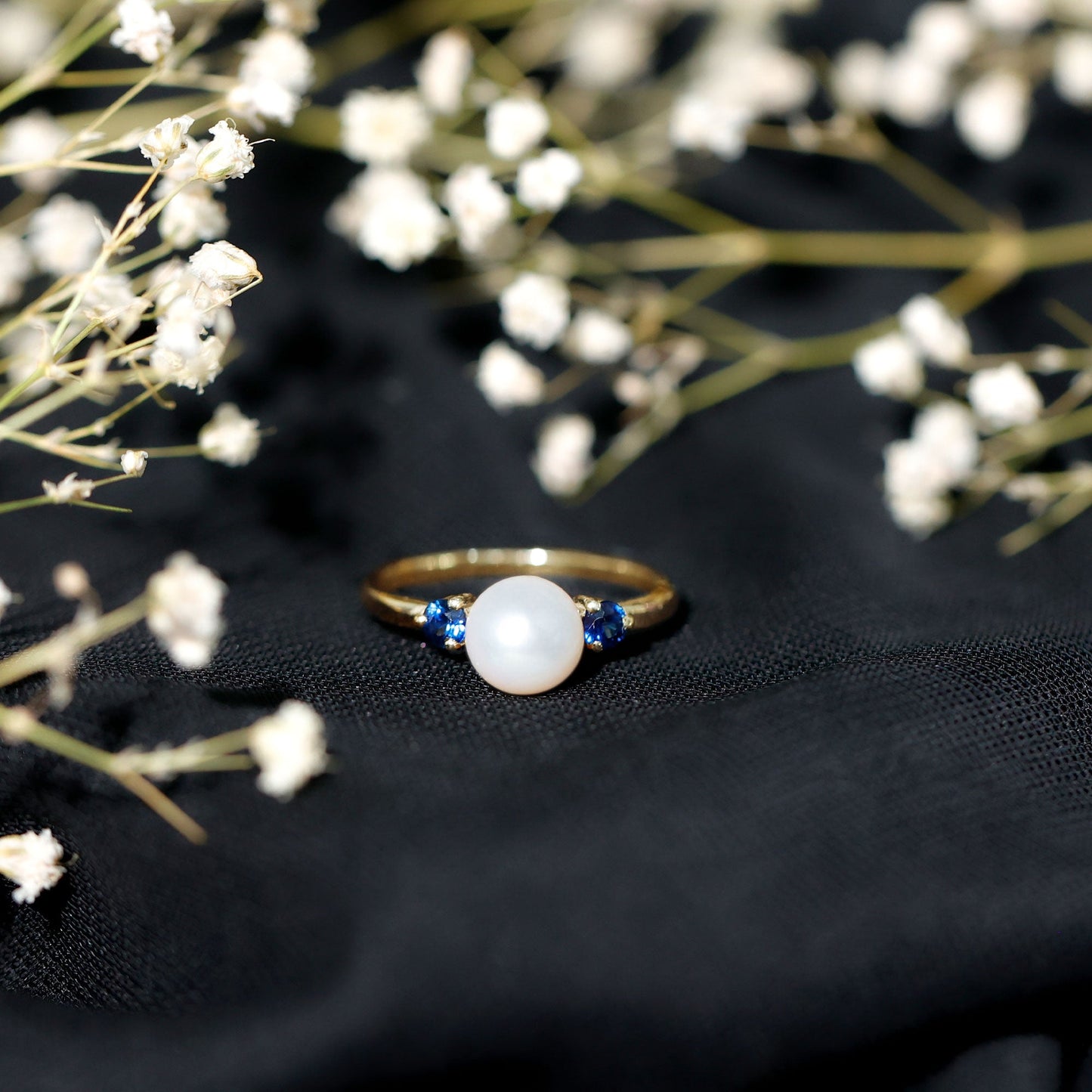 Cultured Freshwater Pearl Engagement Ring with Blue Sapphire