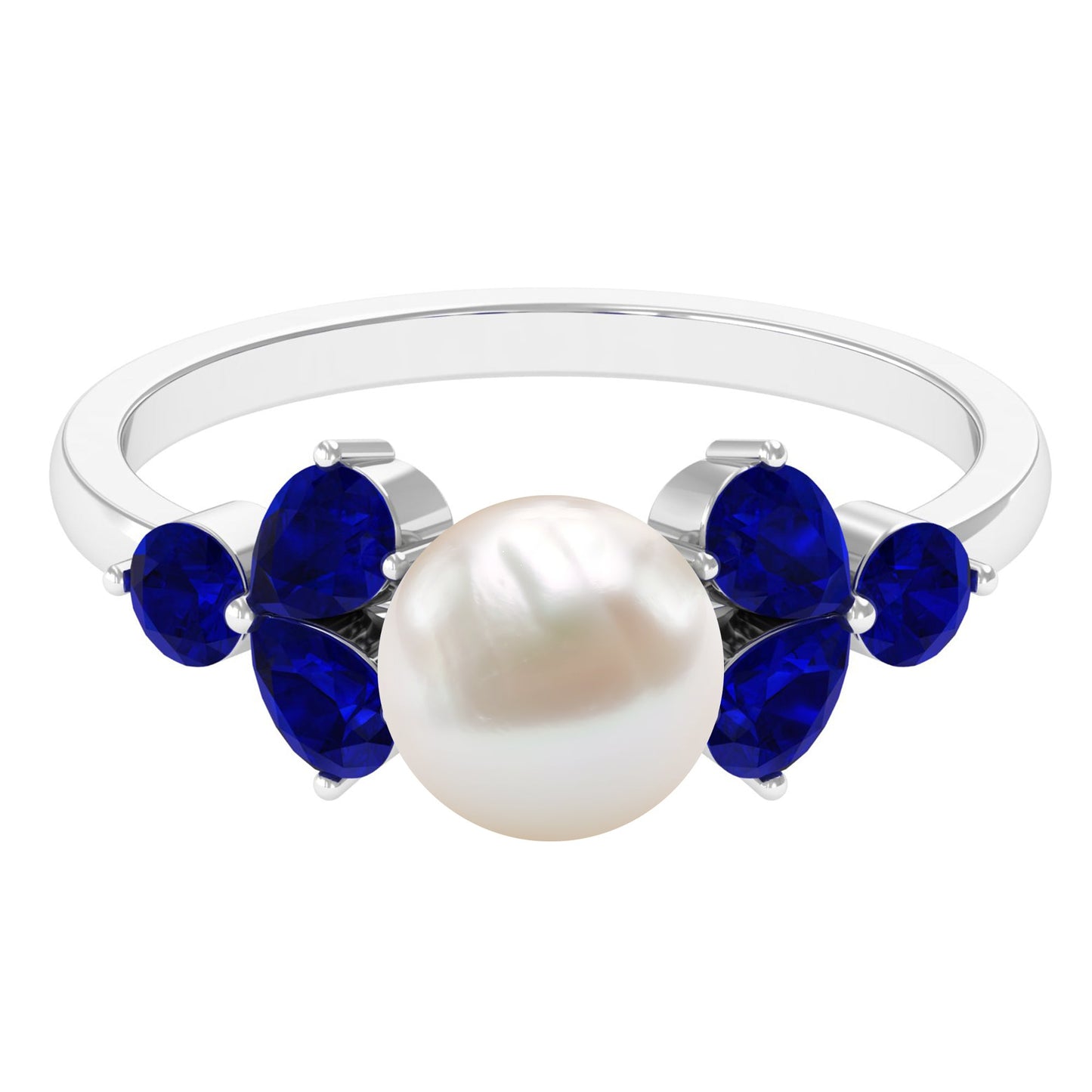 Natural 7.4 Carat Freshwater Pearl Engagement Ring with Blue Sapphire Trio