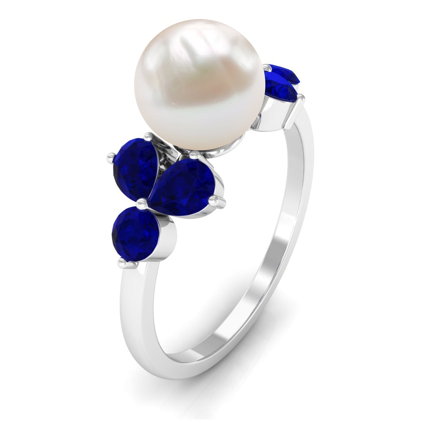 Natural 7.4 Carat Freshwater Pearl Engagement Ring with Blue Sapphire Trio