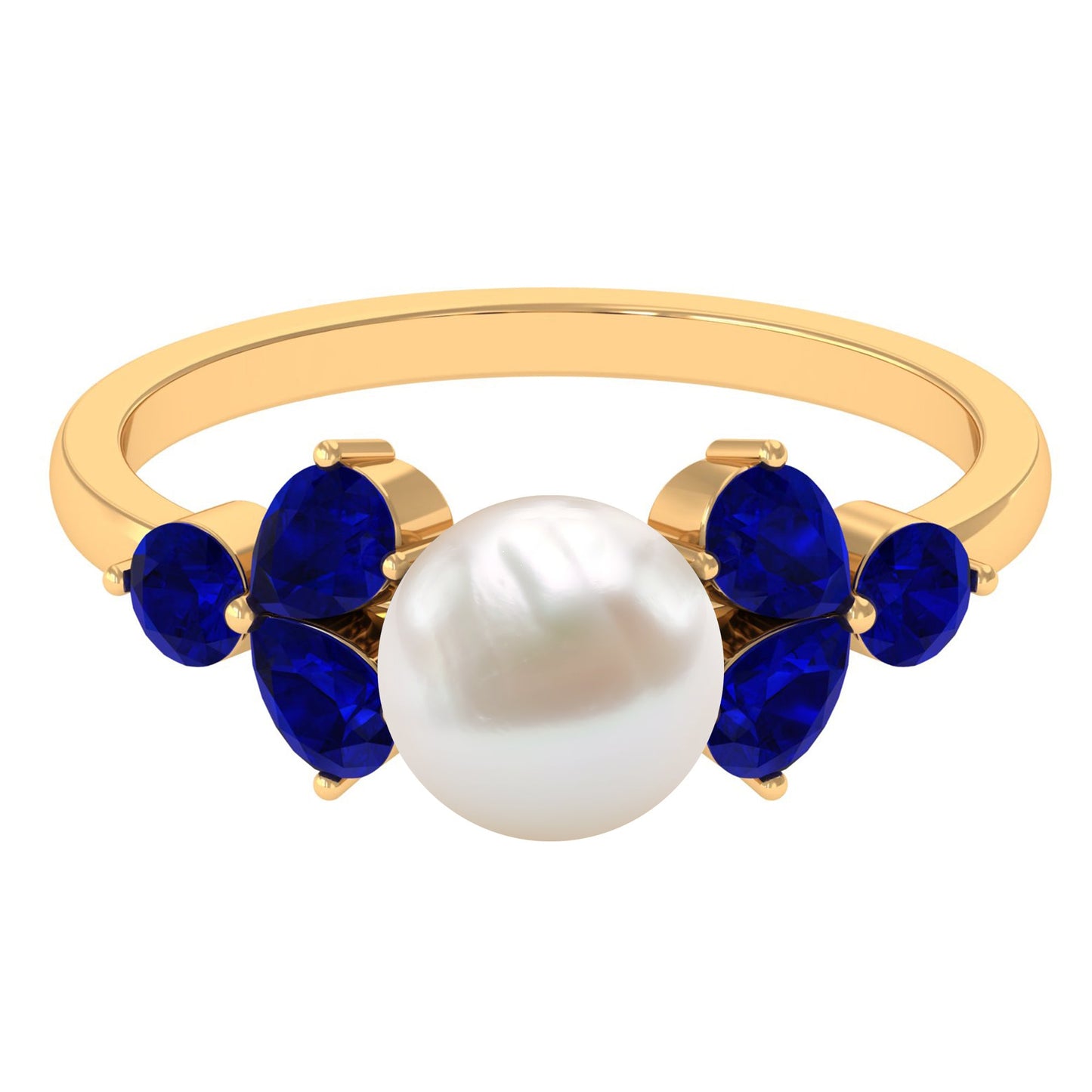 Natural 7.4 Carat Freshwater Pearl Engagement Ring with Blue Sapphire Trio