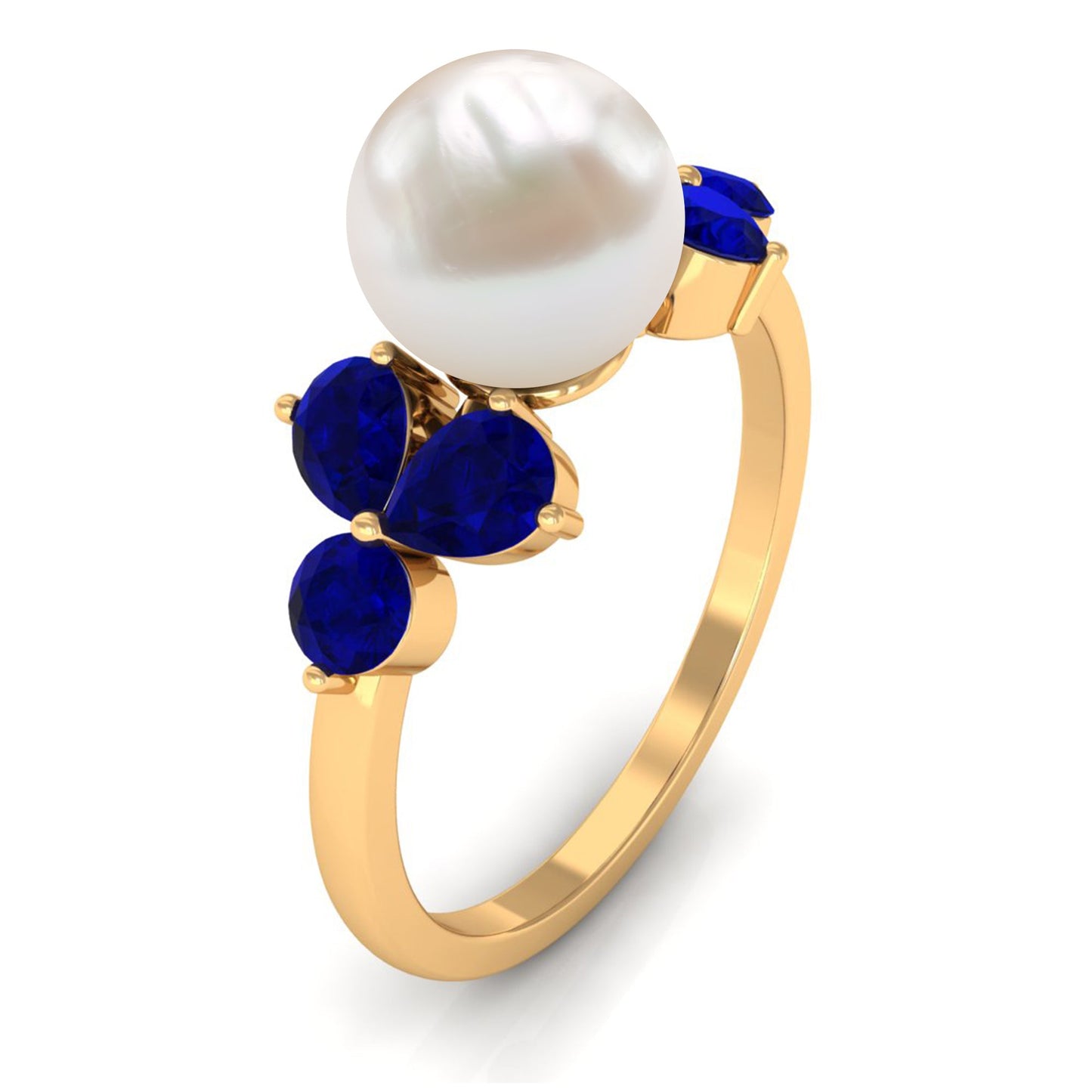 Natural 7.4 Carat Freshwater Pearl Engagement Ring with Blue Sapphire Trio