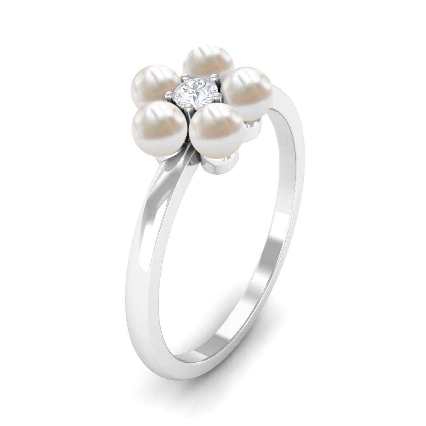 Cultured Freshwater Pearl Flower Promise Ring with Lab Diamond