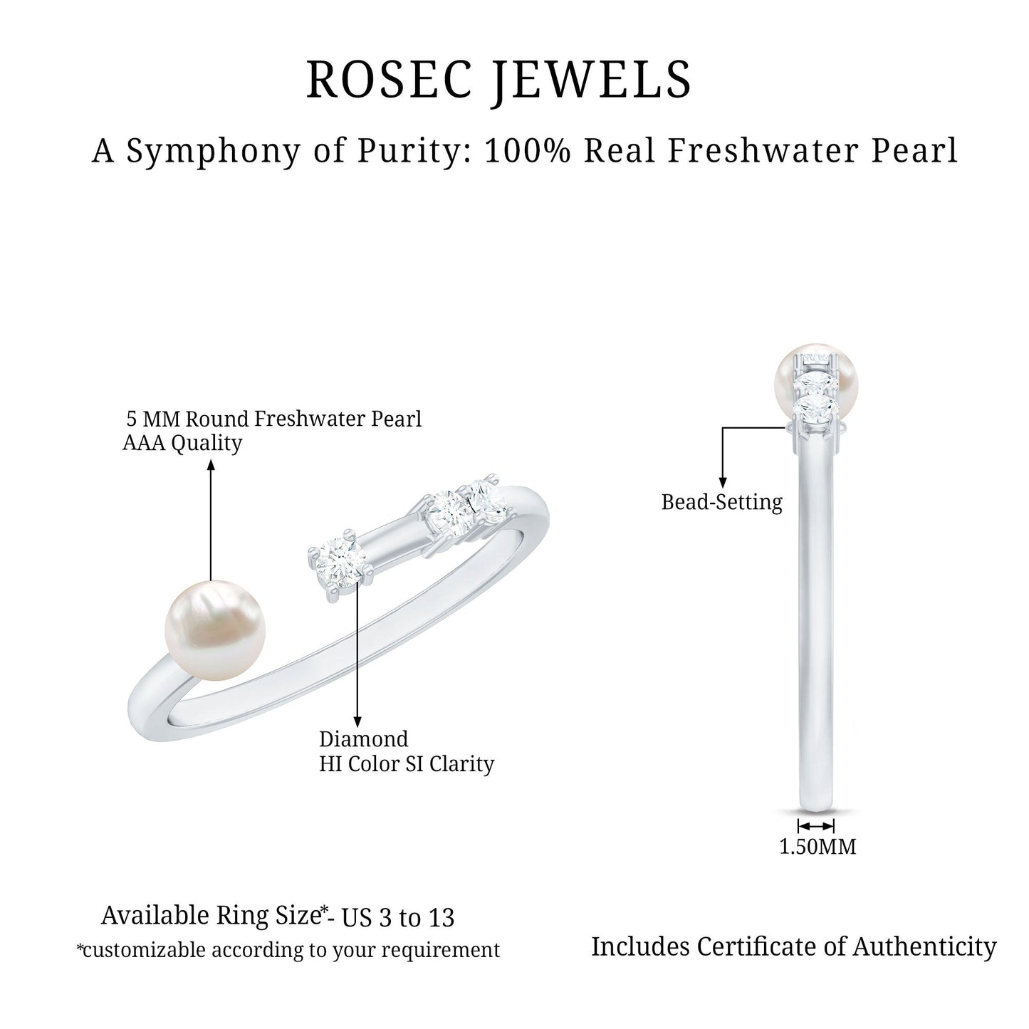 Natural 2 Carat Freshwater Pearl Promise Ring with Diamond