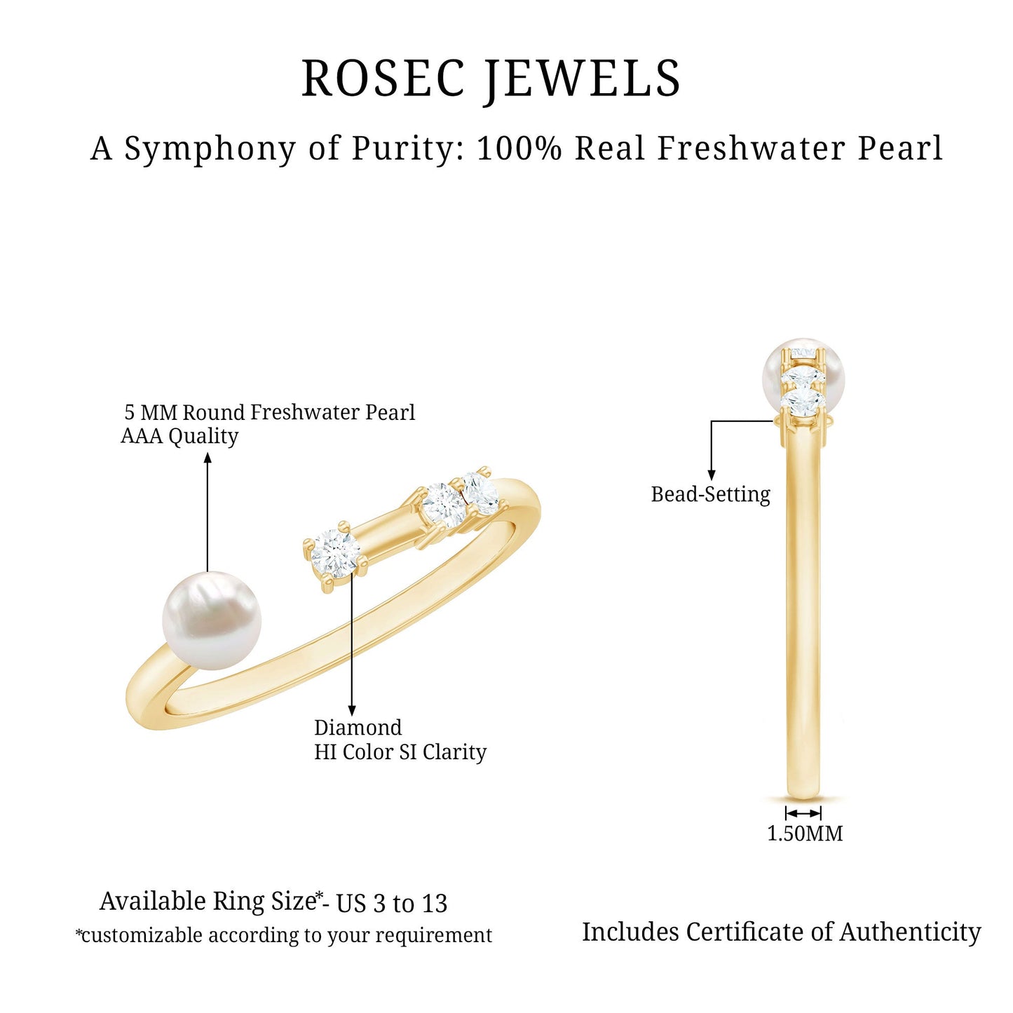 Natural 2 Carat Freshwater Pearl Promise Ring with Diamond