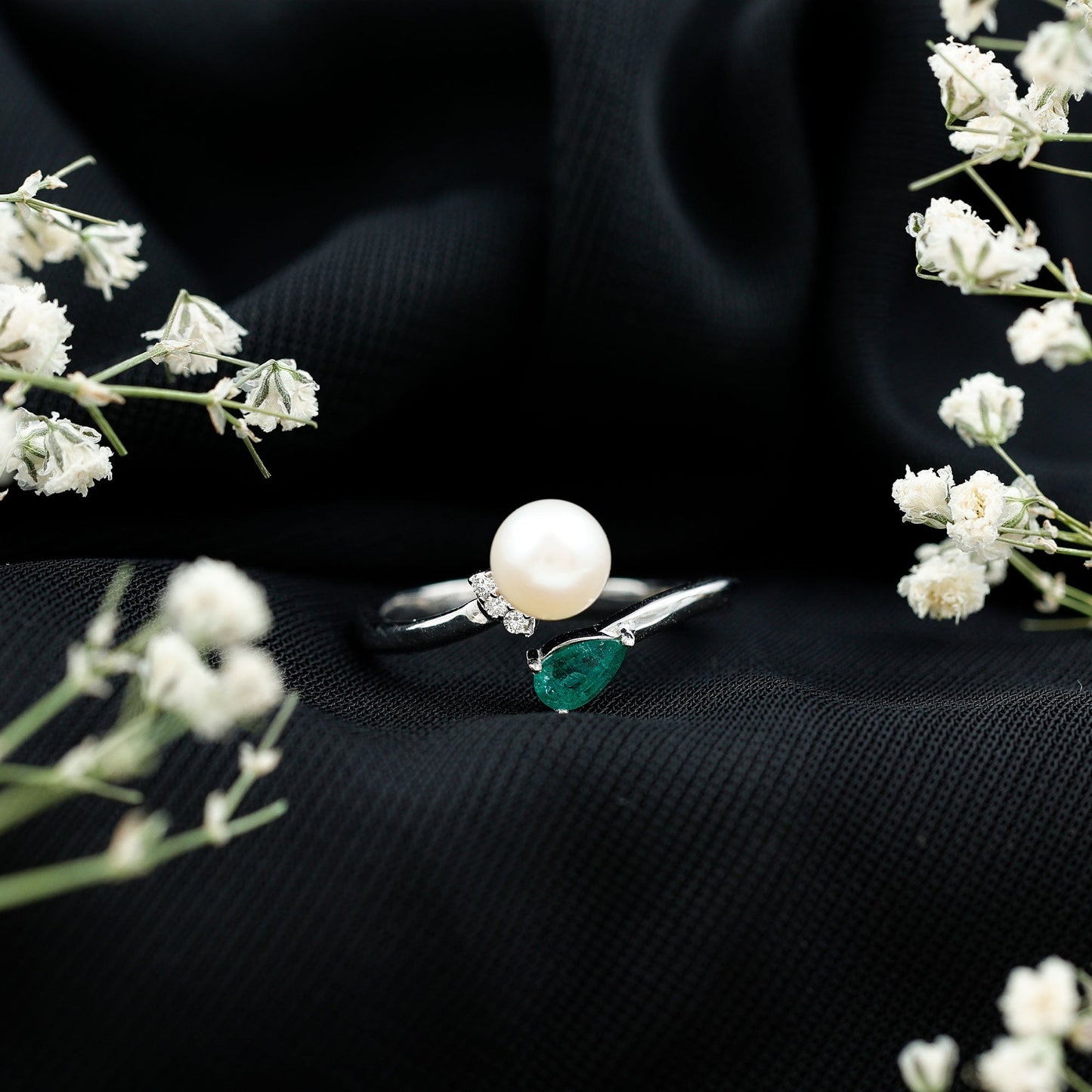 Cultured Freshwater Pearl and Emerald Toi Et Moi Promise Ring