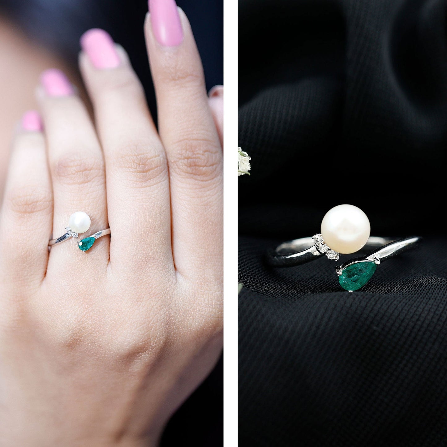 Cultured Freshwater Pearl and Emerald Toi Et Moi Promise Ring