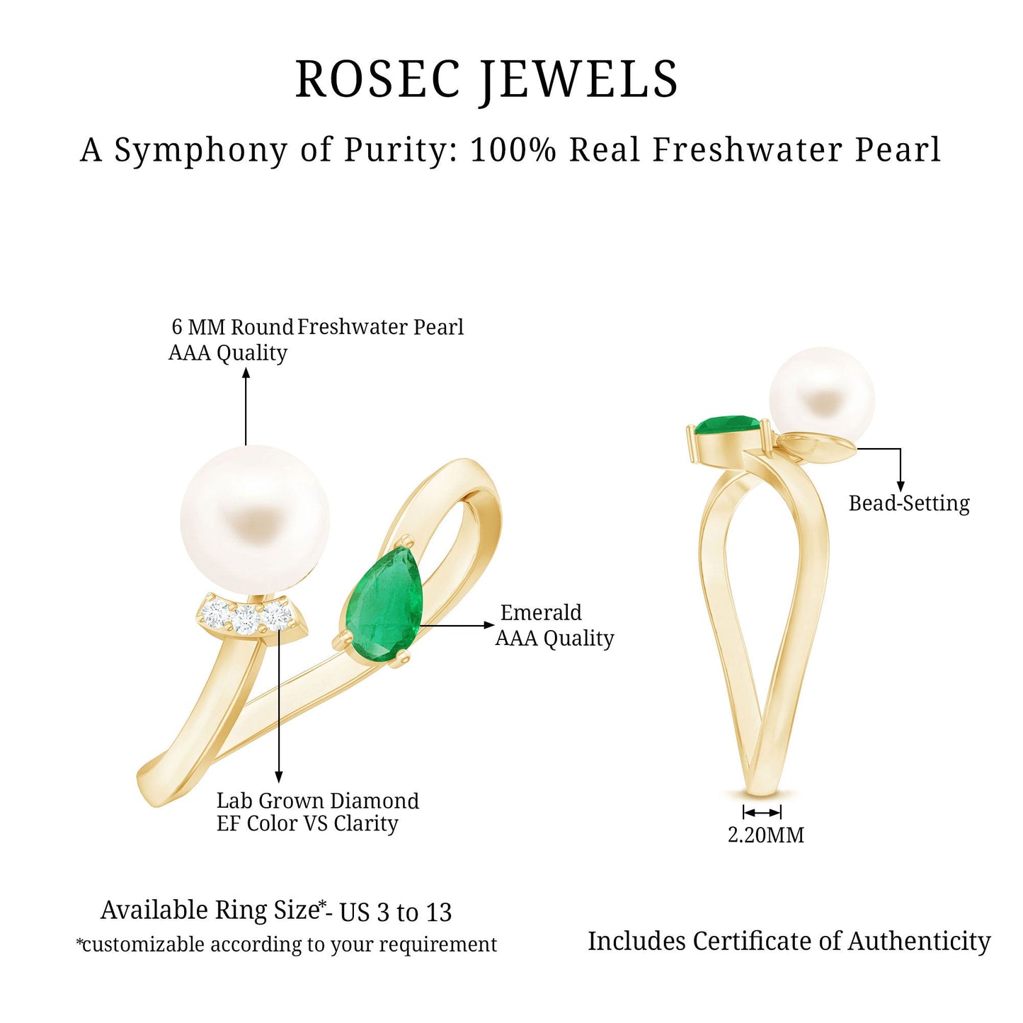 Cultured Freshwater Pearl and Emerald Toi Et Moi Promise Ring