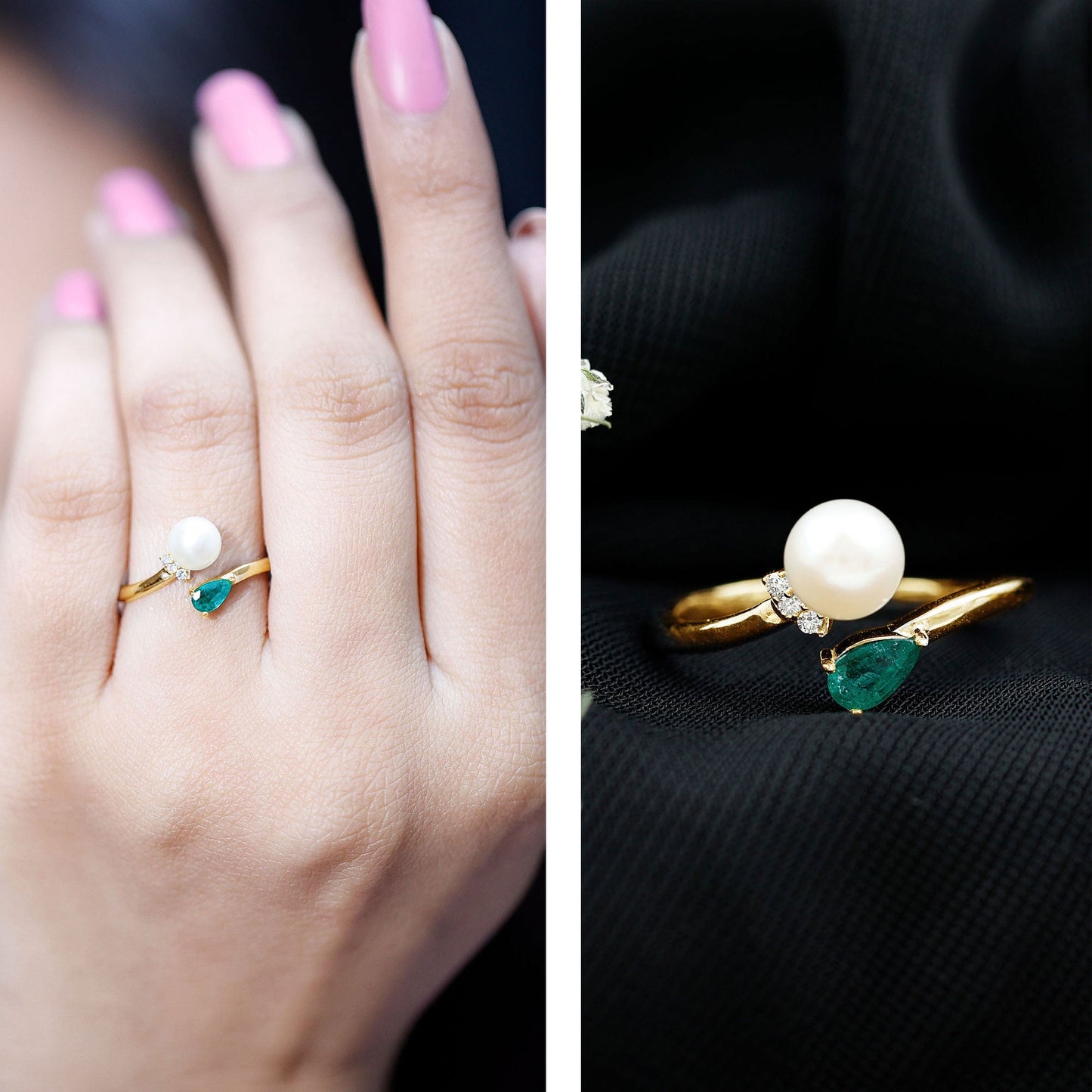 Cultured Freshwater Pearl and Emerald Toi Et Moi Promise Ring