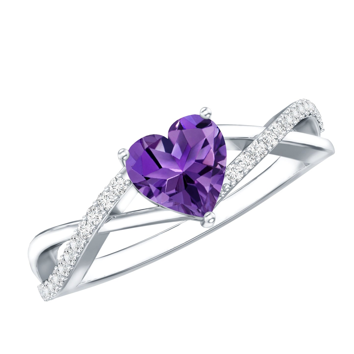Genuine 0.9 Carat Amethyst Heart Engagement Ring with Diamond Crossover Shank