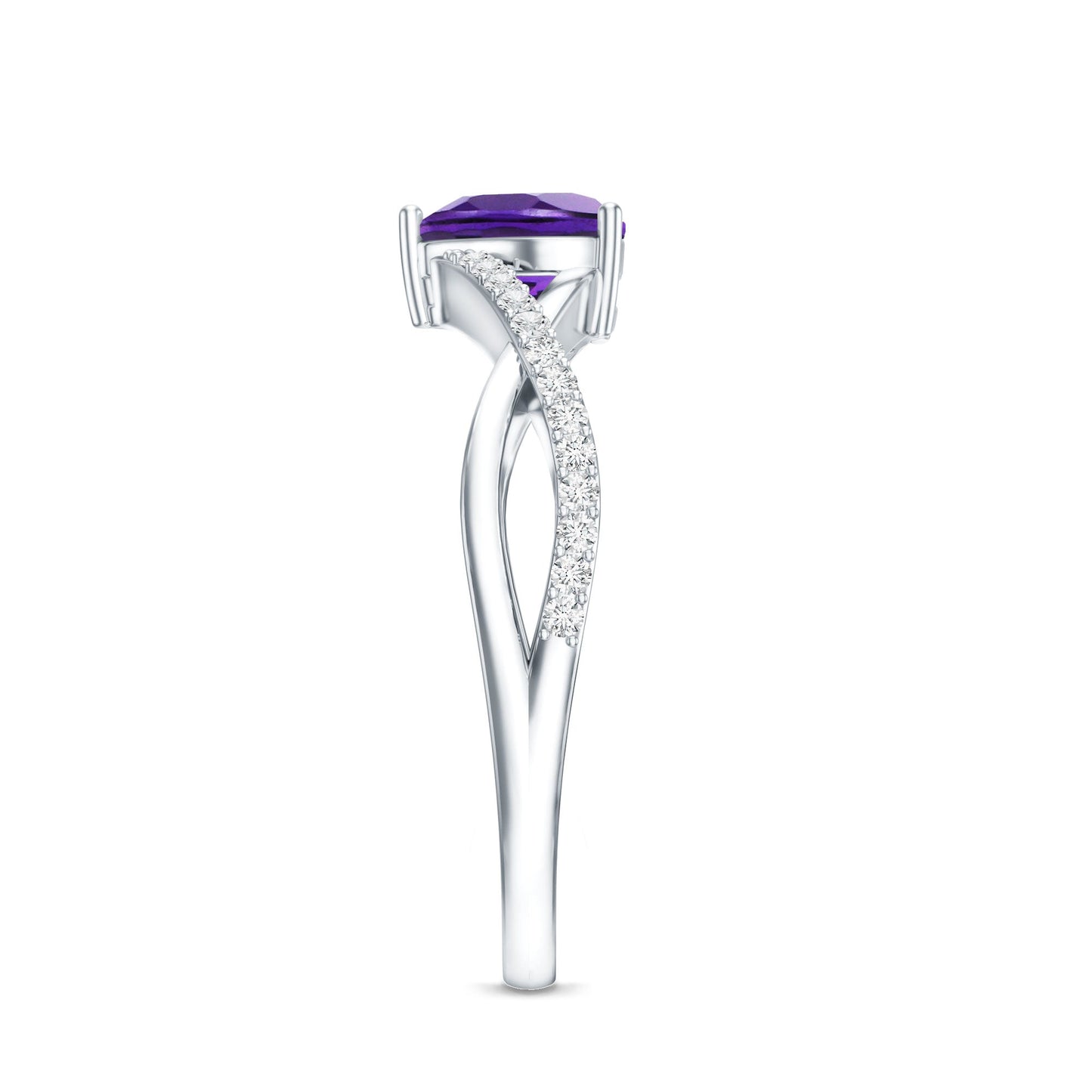 Genuine 0.9 Carat Amethyst Heart Engagement Ring with Diamond Crossover Shank