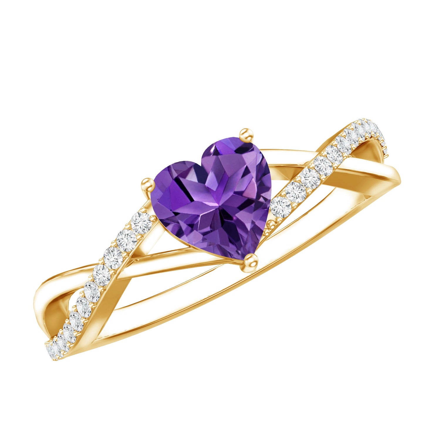 Genuine 0.9 Carat Amethyst Heart Engagement Ring with Diamond Crossover Shank