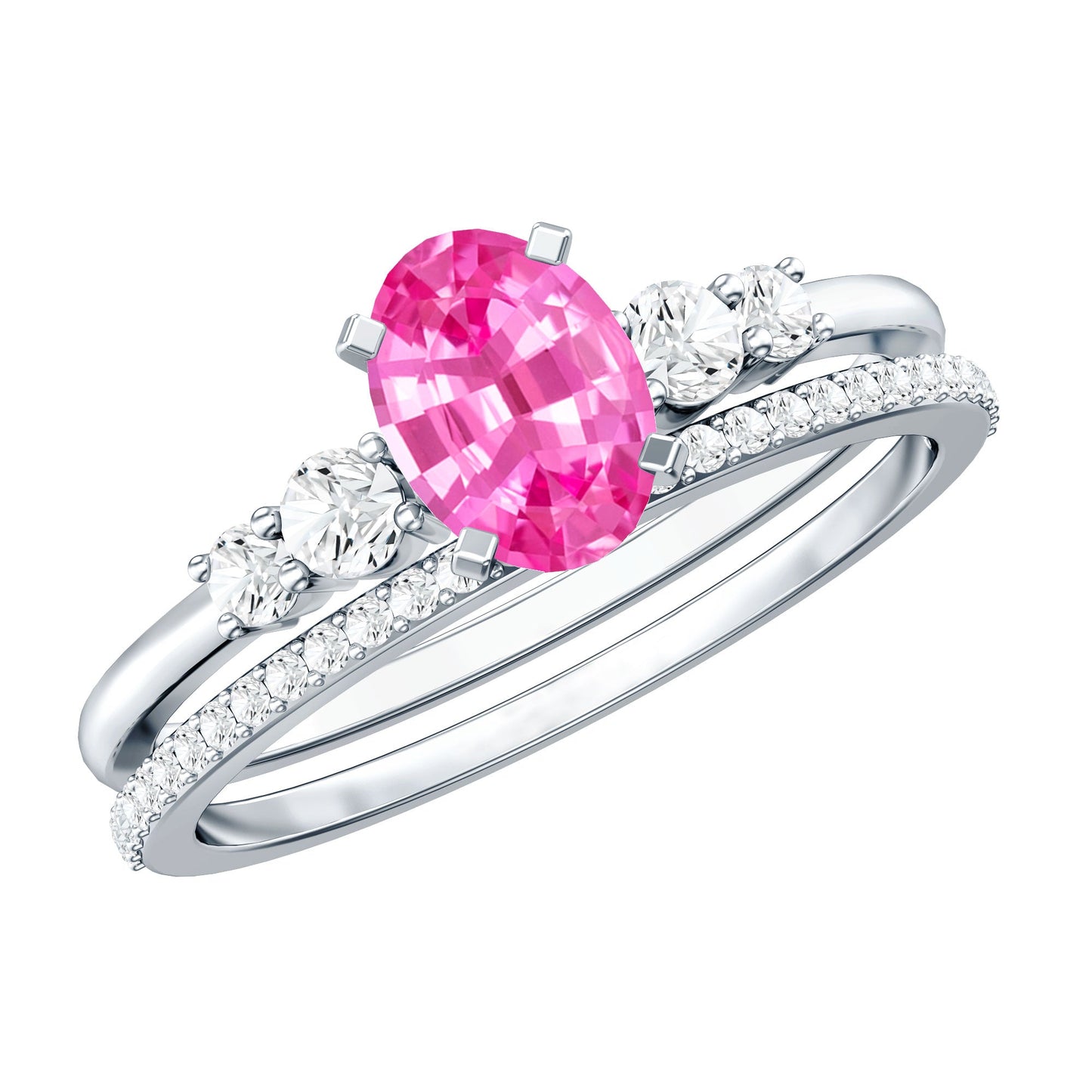 1.5 Carat Oval Cut Solitaire Created Pink Sapphire Ring Set with Diamond