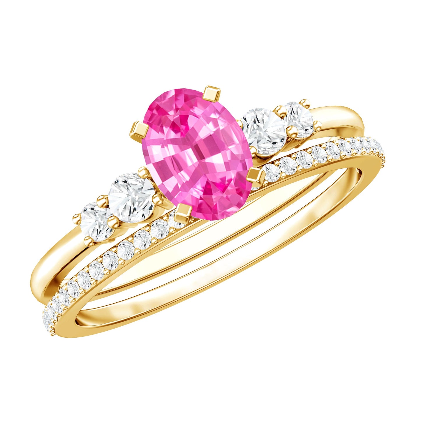 1.5 Carat Oval Cut Solitaire Created Pink Sapphire Ring Set with Diamond