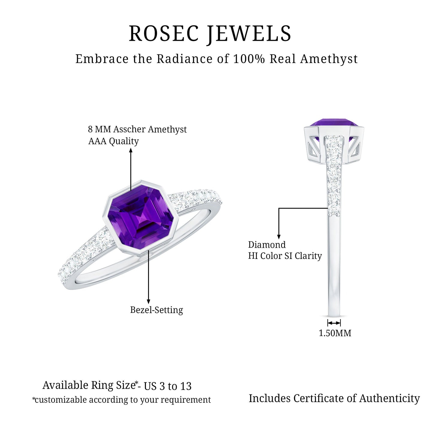 Bezel Asscher Amethyst Solitaire Ring with Diamond Side Stones