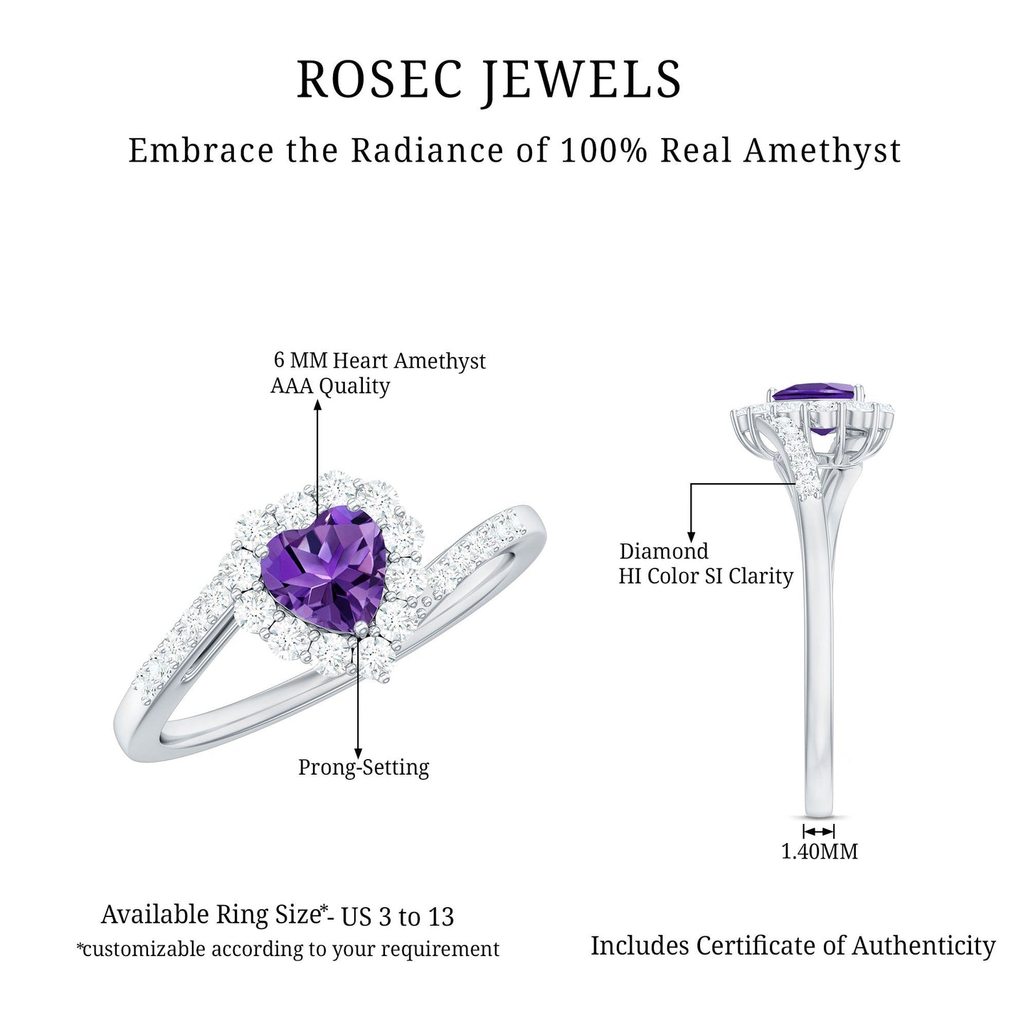 Real 0.9 Carat Amethyst Heart Engagement Ring with Diamond Halo