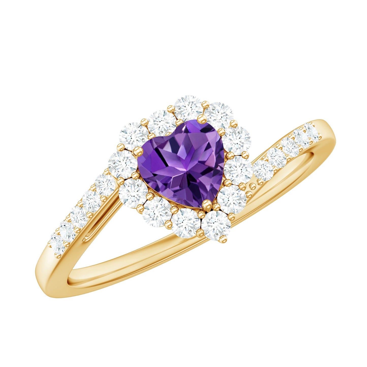 Real 0.9 Carat Amethyst Heart Engagement Ring with Diamond Halo