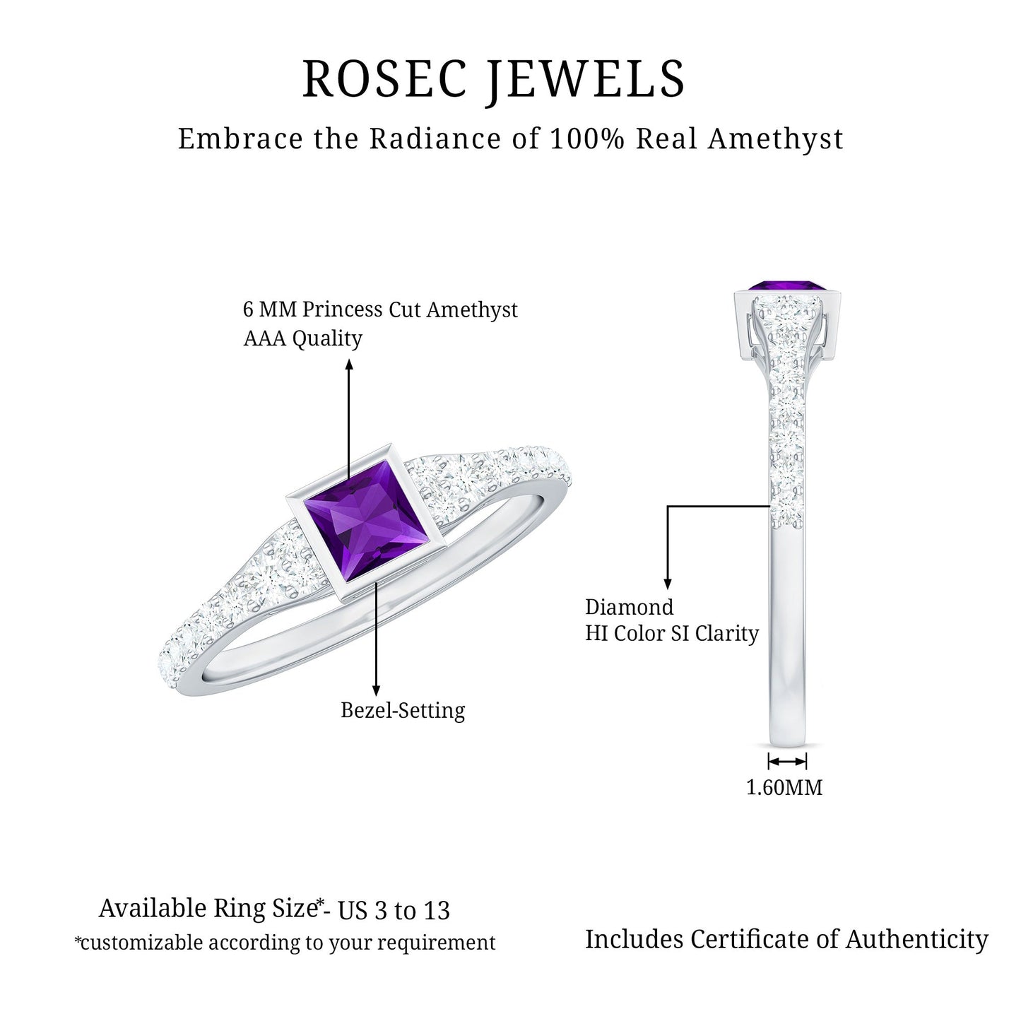 1.2 Carat Bezel Set Amethyst Solitaire Promise Ring with Diamond
