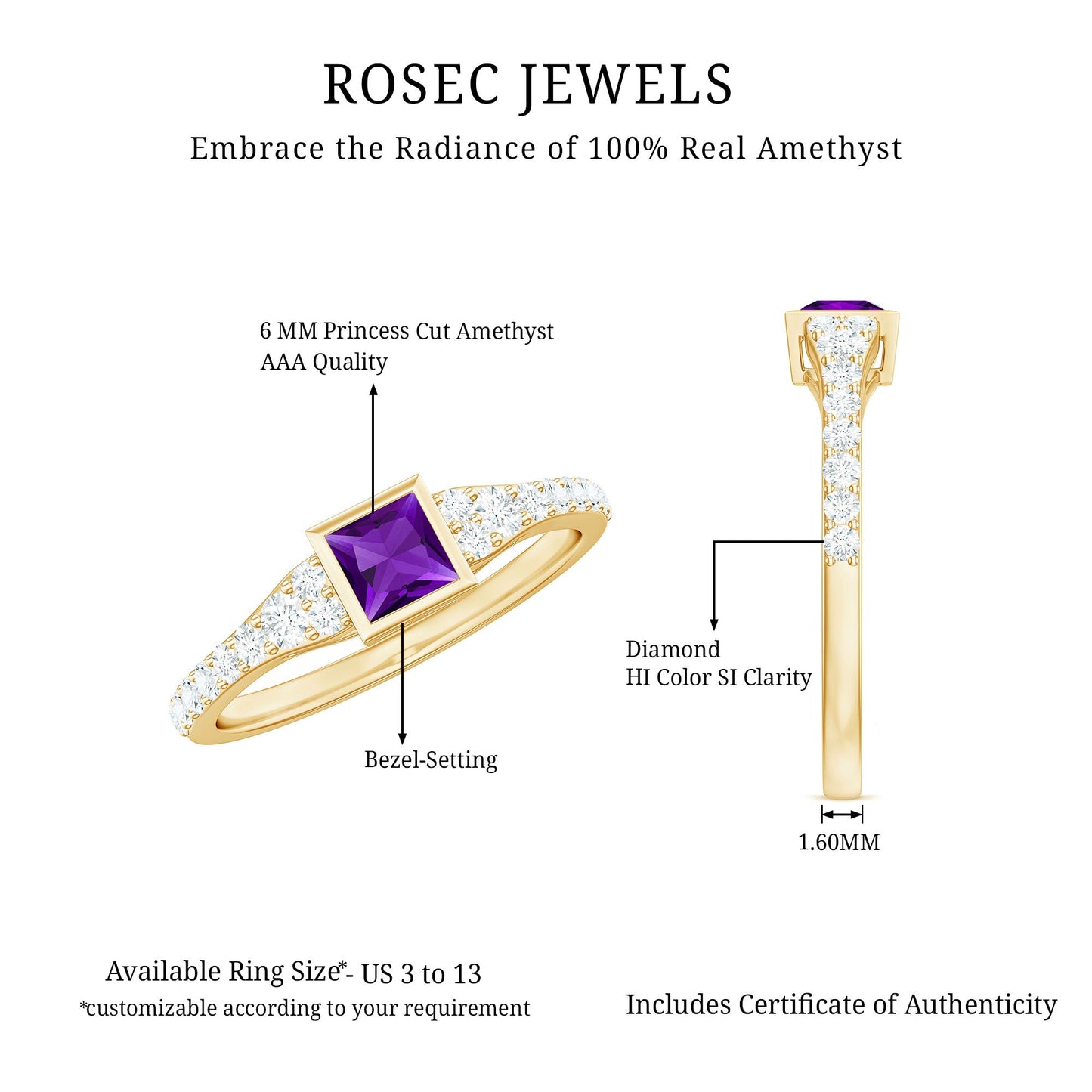 1.2 Carat Bezel Set Amethyst Solitaire Promise Ring with Diamond